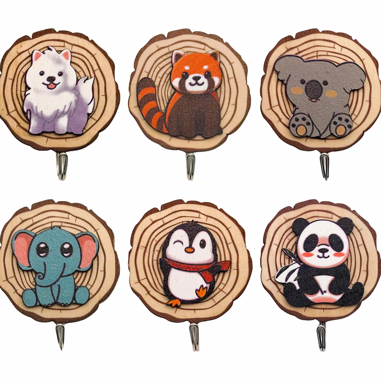Kotkiddy® 6 Ganci Autoadesivi a Forma di Animale in Legno per Bambini