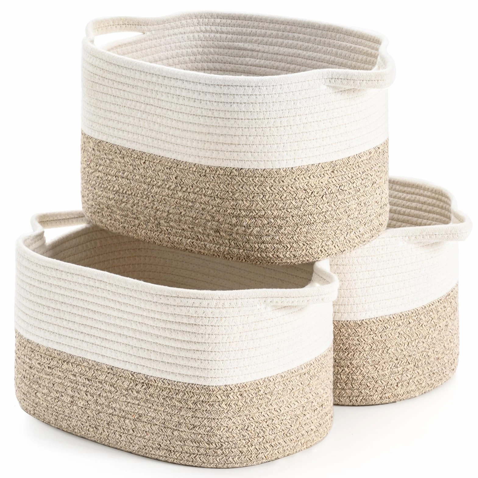 Cesto portaoggetti in corda di cotone per organizzare giocattoli bambini, cesti regalo, portabiancheria (Bianco e Marrone, 3 Pezzi)
