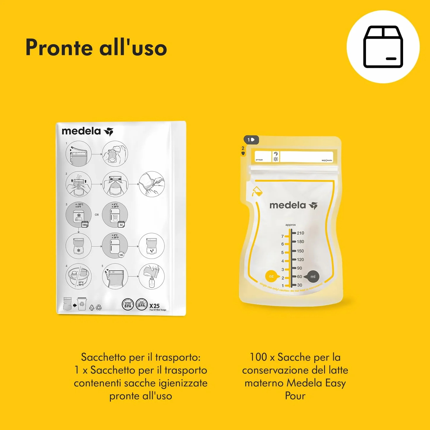 Medela Sacche Monouso Easy Pour Conservazione Latte Materno 210 ml Senza BPA Confezione 100 Pezzi