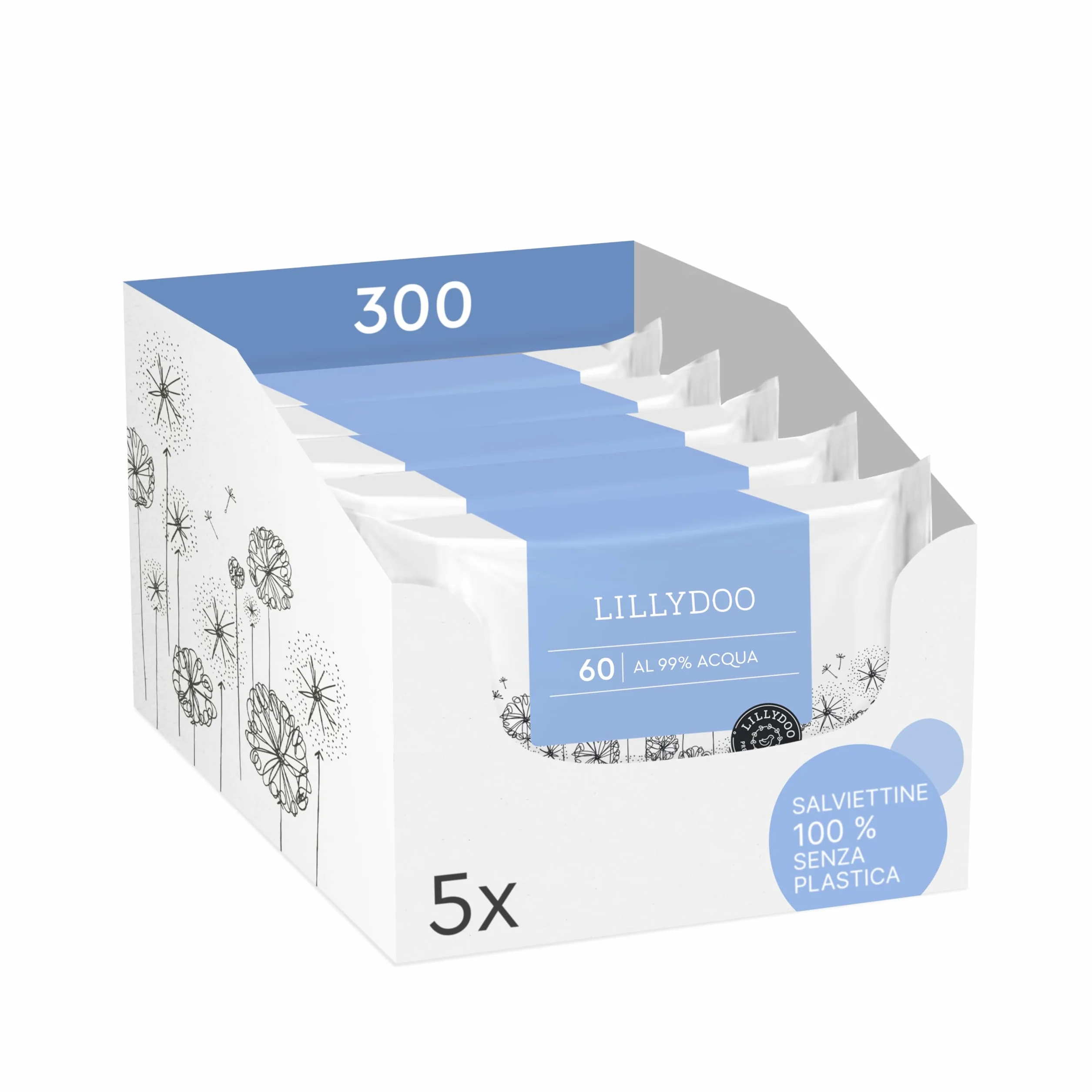 LILLYDOO Salviettine umidificate 99% acqua 300 pezzi 100% senza plastica senza profumi