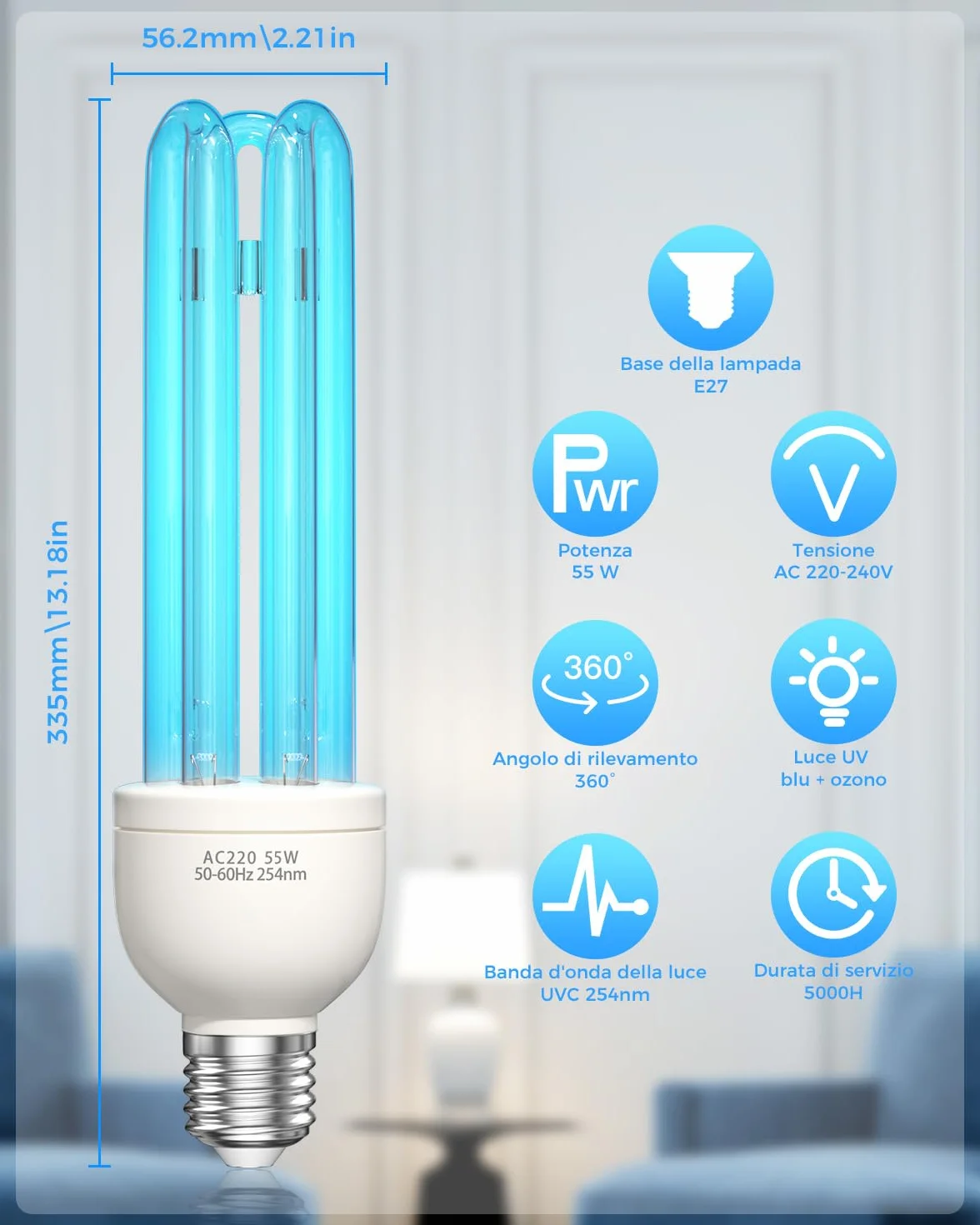 Lampada UV Ozono 55W Lampada Germicida Raggi UVC E27 254nm con Tubo al Quarzo Brine Ozono Contro Batteri Virus e Acari AC220-240V per Case, Lavatoi, Uffici, Ristoranti e Scuola Aria fresca