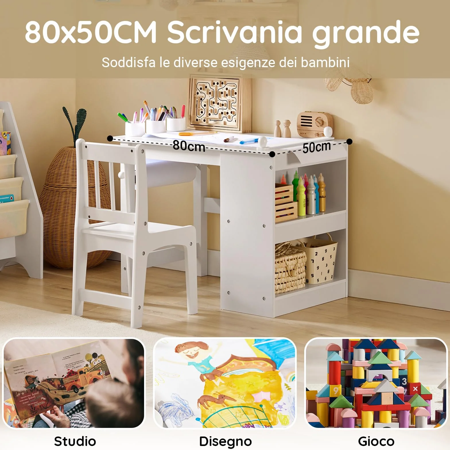SoBuy KMB60-W Tavolino Bambini Set Tavolo e Sedie Multiattività 2 Ripiani Bianco 80x54x65,5cm