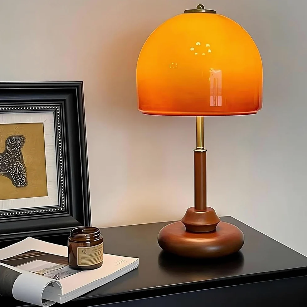 Lampada da Tavolo Fungo Arancione Dimmerabile con Telecomando, Paralume in Legno e Vetro Lampadina Fungo con Spina e Interruttore a Cavo Lampada da Comodino Decorativa a Forma di Fungo