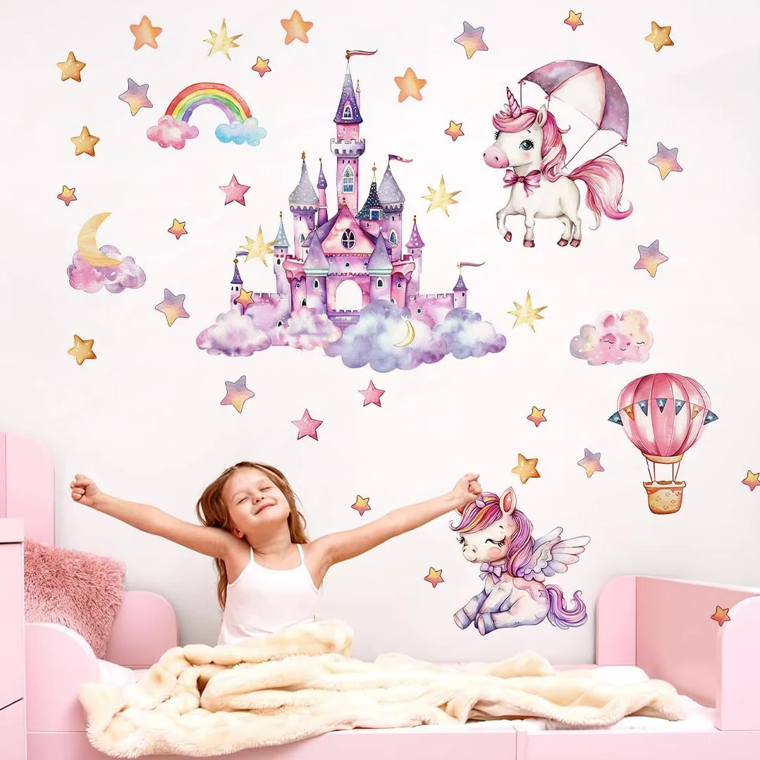 Adesivi da Parete Fluorescenti Unicorno Arcobaleno Luminoso Murali Bambini Farfalle Mongolfiera Stella Decorazione Murale