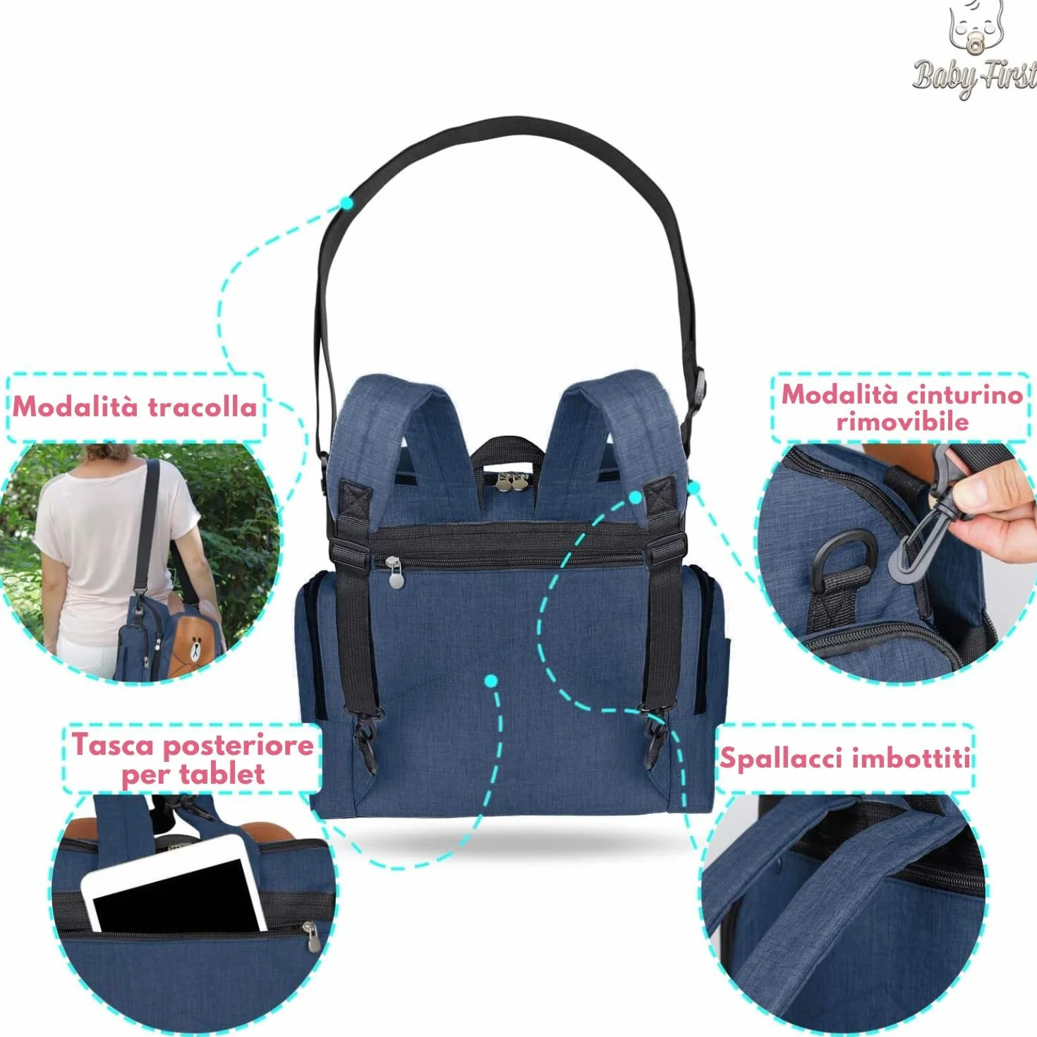 Baby First Alzasedia Bambini da Viaggio 4in1, Borsa Passeggino Termica con Fasciatoio Materassino Portatile, Zaino Mamma Multifunzione, Seggiolone Pappa Portatile, Tessuto Waterproof