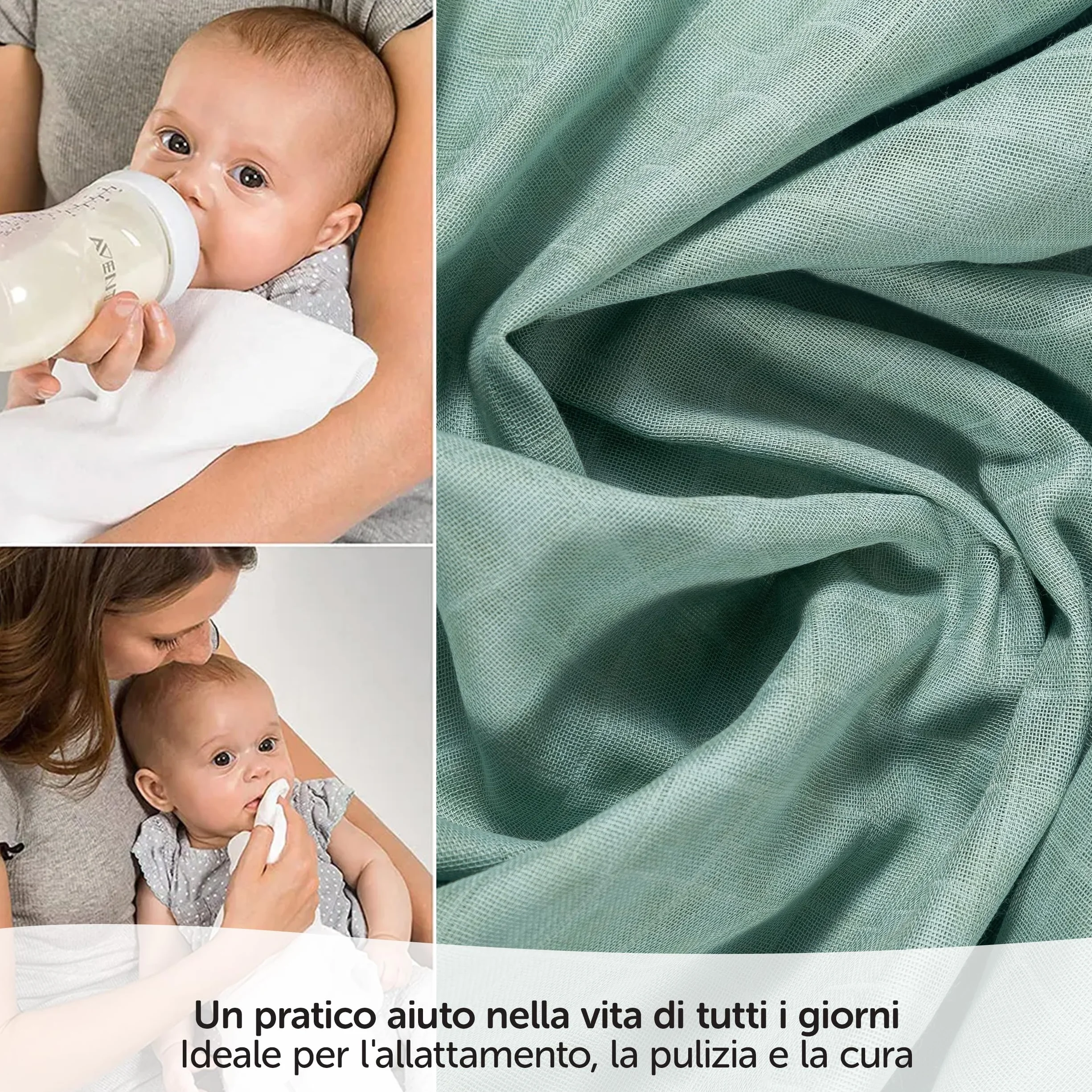 Mussole Neonato 70x70cm Cotone 100% OEKO-TEX Standard 100 Verde Bianco Menta Grigio Conf. 4