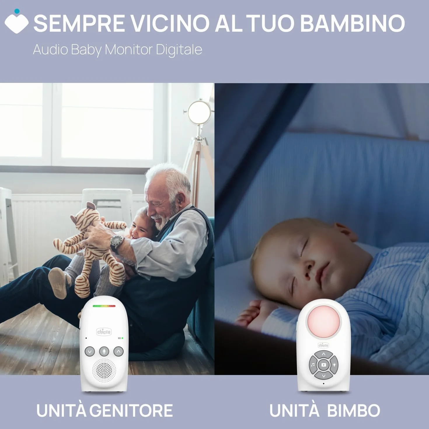 Chicco Audio Baby Monitor Digitale DECT, Komunikacja Dwukierunkowa, 5 Kołysanek, Tryb VOX, Zasięg Daleki