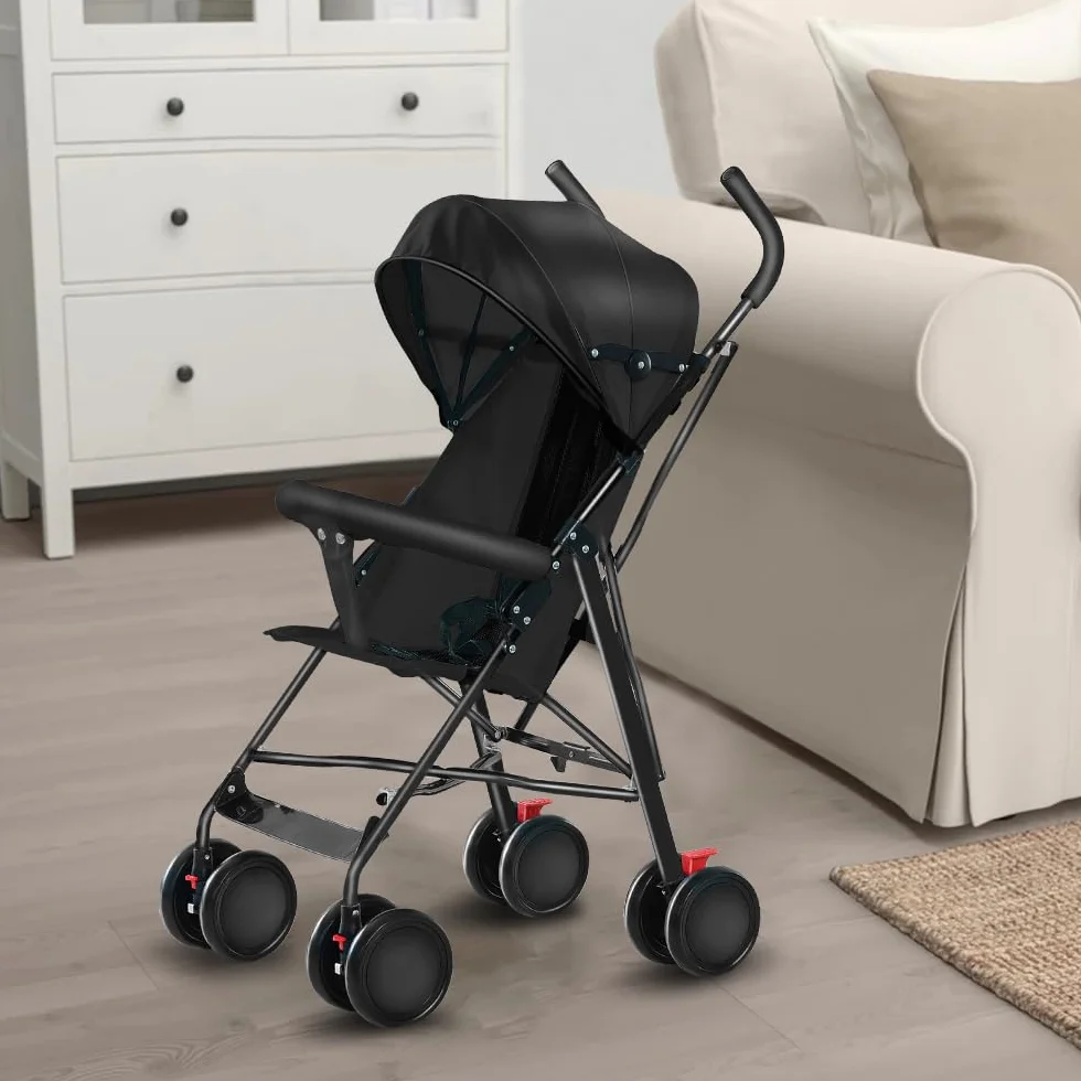 Passeggino Canne Bambino Ultra Leggero Pieghevole Reclinabile dalla Nascita a 25 kg Nero con Copertura Antipioggia