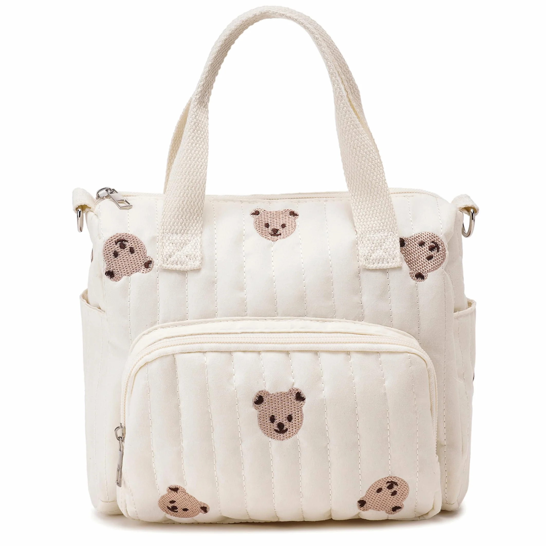 Borsa piccola per pannolini trapuntata con ricamo orso bianco 9,4x8,7x4,3 pollici