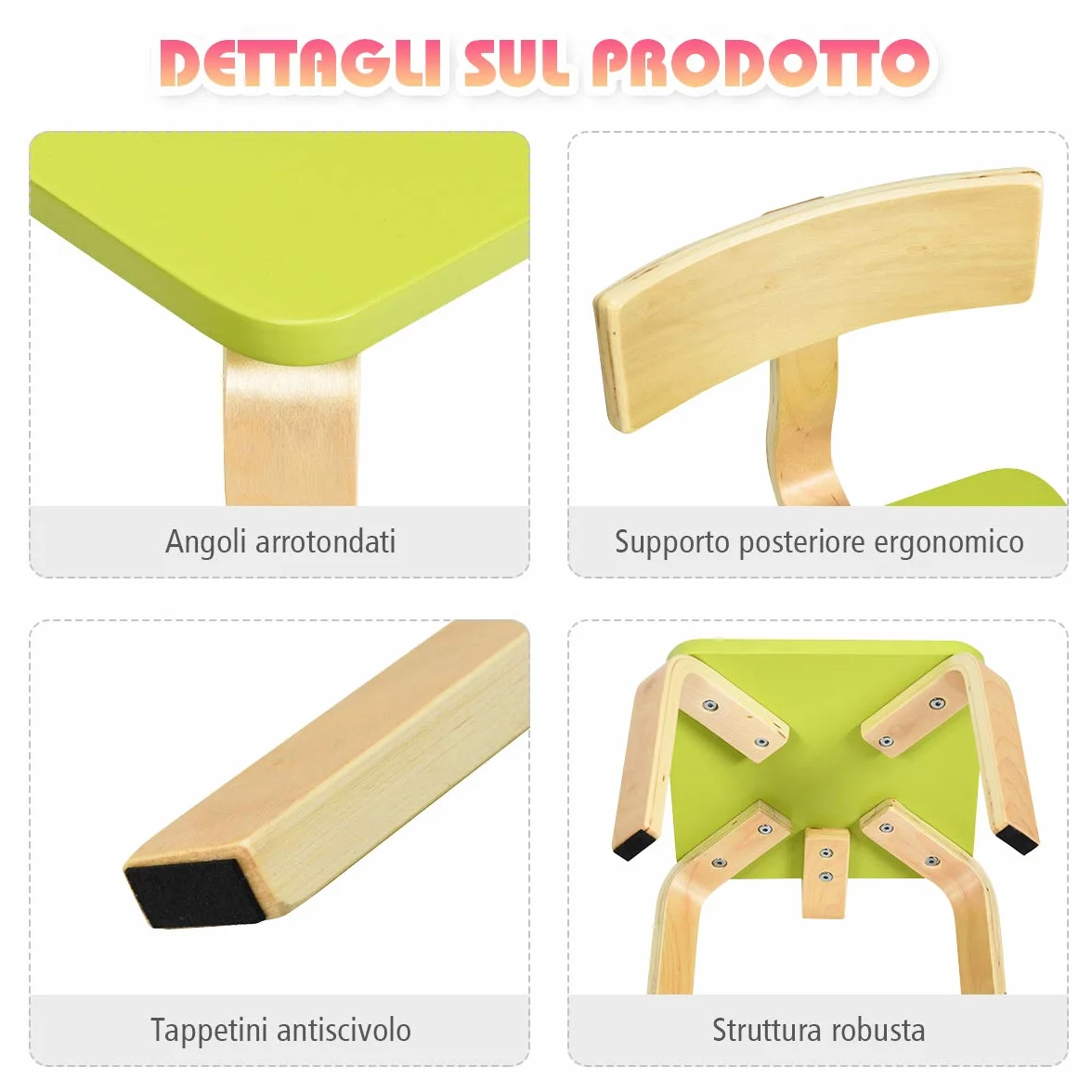 RELAX4LIFE Set Tavolo e 2 Sedie Bambini 3-12 Anni Legno Stabile Sicuro Design Ergonomico Multifunzione Giocare Mangiare Casa Asilo Verde