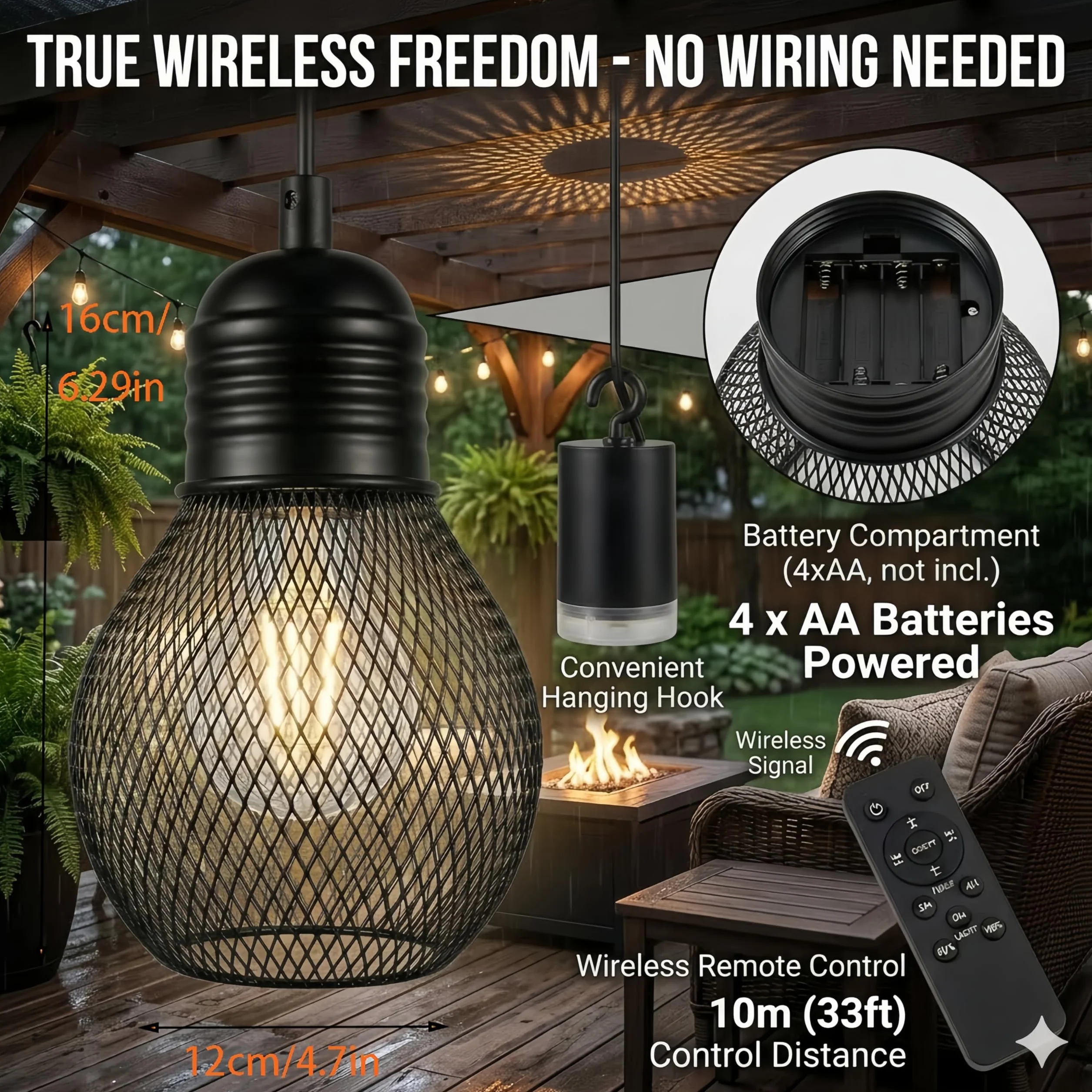 Lampada a sospensione a batteria con telecomando impermeabile, 4 batterie AA, per gazebo, pergolato, portico, patio, interno/esterno, nero