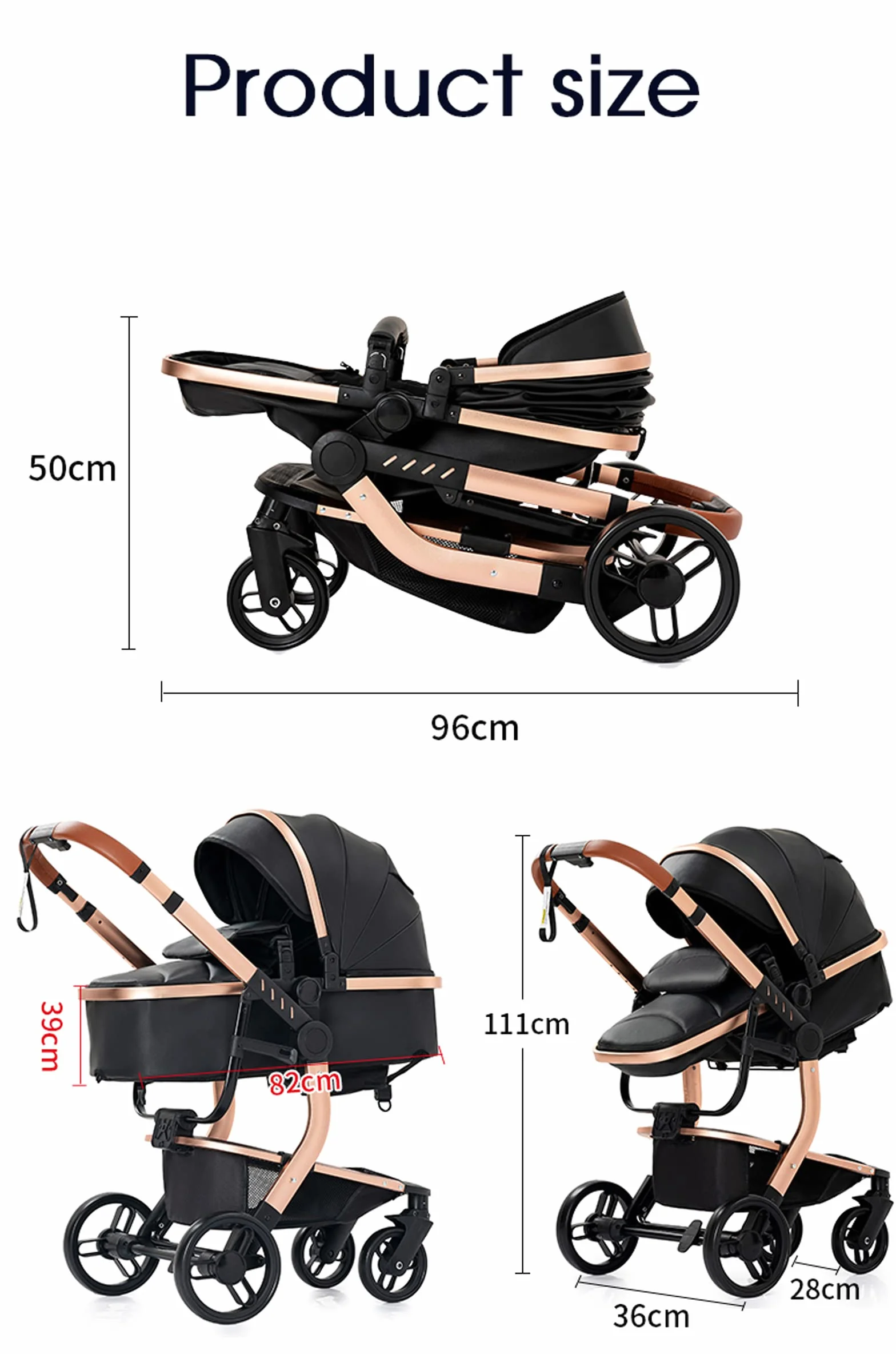 Passeggino 3 in 1 Trio Neonati Pelle PU Carrozzino Pieghevole 518 White