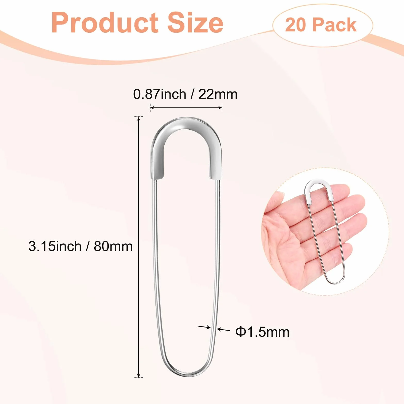 M METERXITY 20 Pcs Spilla Di Sicurezza Grande 3.15 Pollici (80mm) Lega Di Zinco Argento