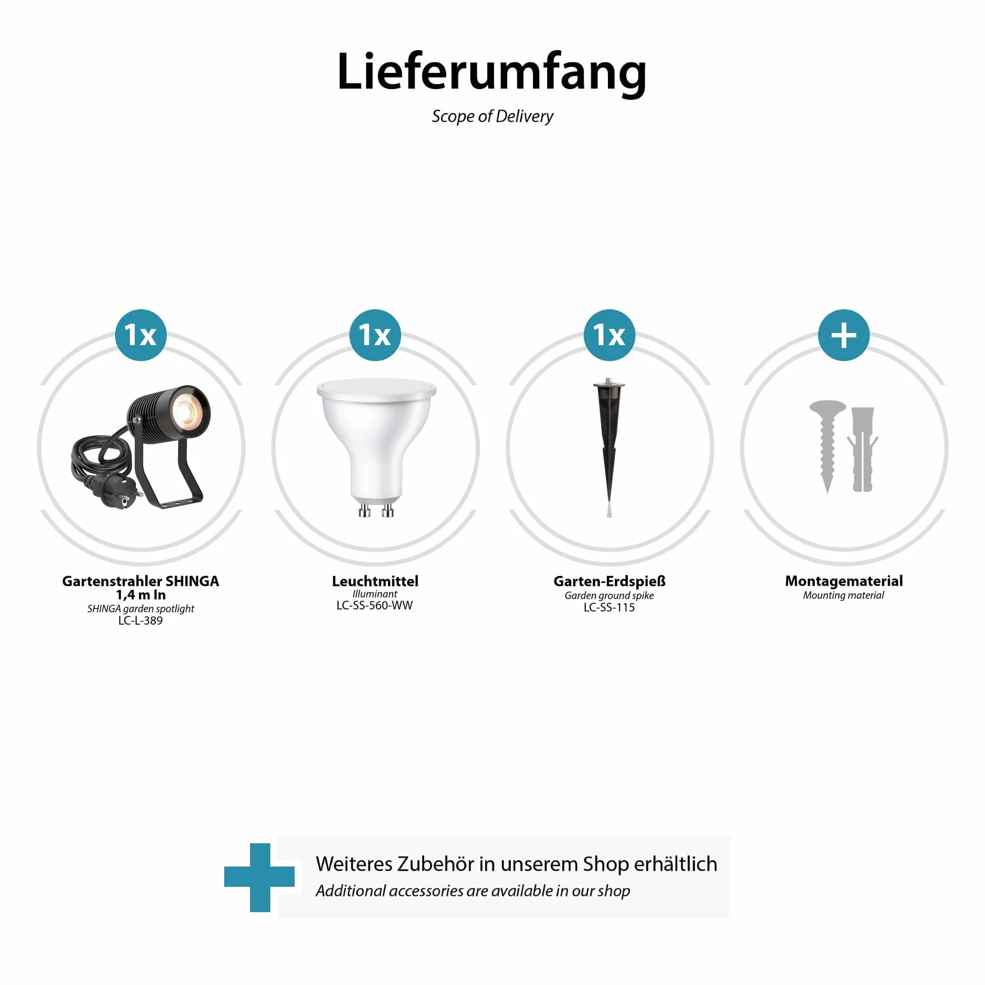 ledscom.de 4 faretti da giardino SHINGA con picchetto da terra per esterni, IP65, con spina, neri, con lampadina LED GU10 da 630 lm, bianco caldo