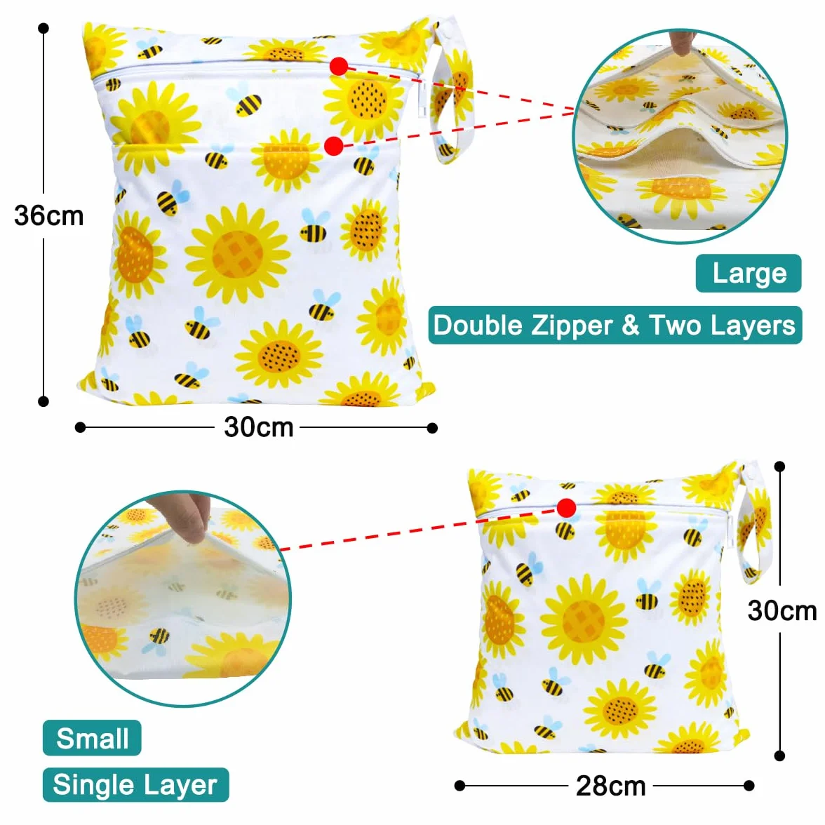 Borsa Pannolini Riutilizzabile Impermeabile 2Pcs Wetbag con Doppia Cerniera Girasole