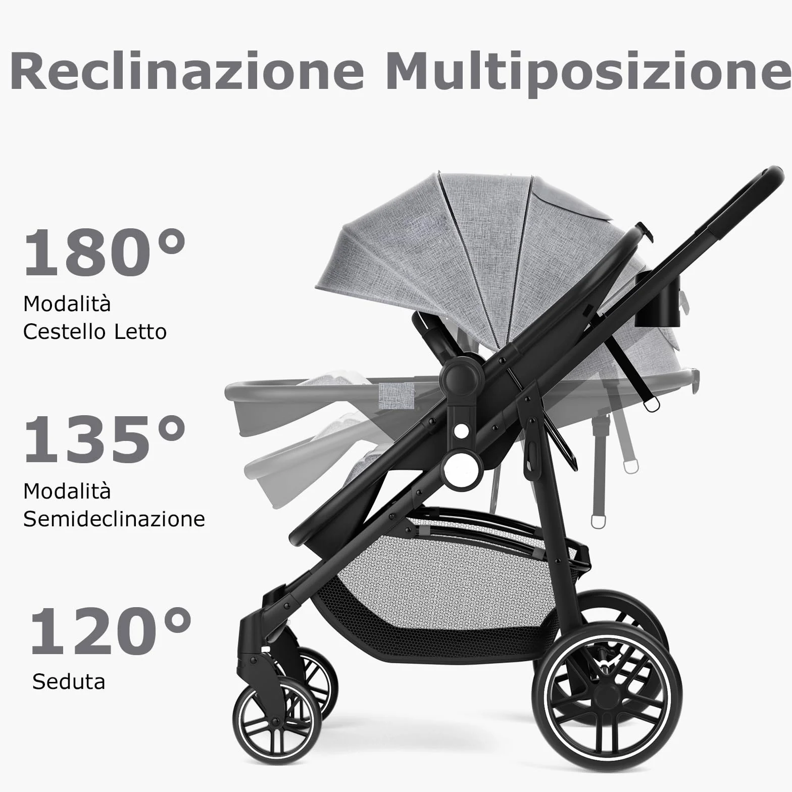 RELAX4LIFE Passeggino Pieghevole Convertibile con Seduta Reversibile, Capottina Regolabile, Cintura 5 Punti (Grigio)