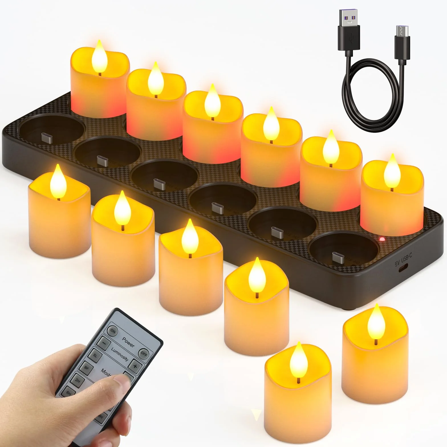 SoulBay Candele ricaricabili, 12 candele a LED senza fiamma, con telecomando e timer, candele elettriche tremolanti con base di ricarica per casa, stanza, tavolo, decorazione di Halloween