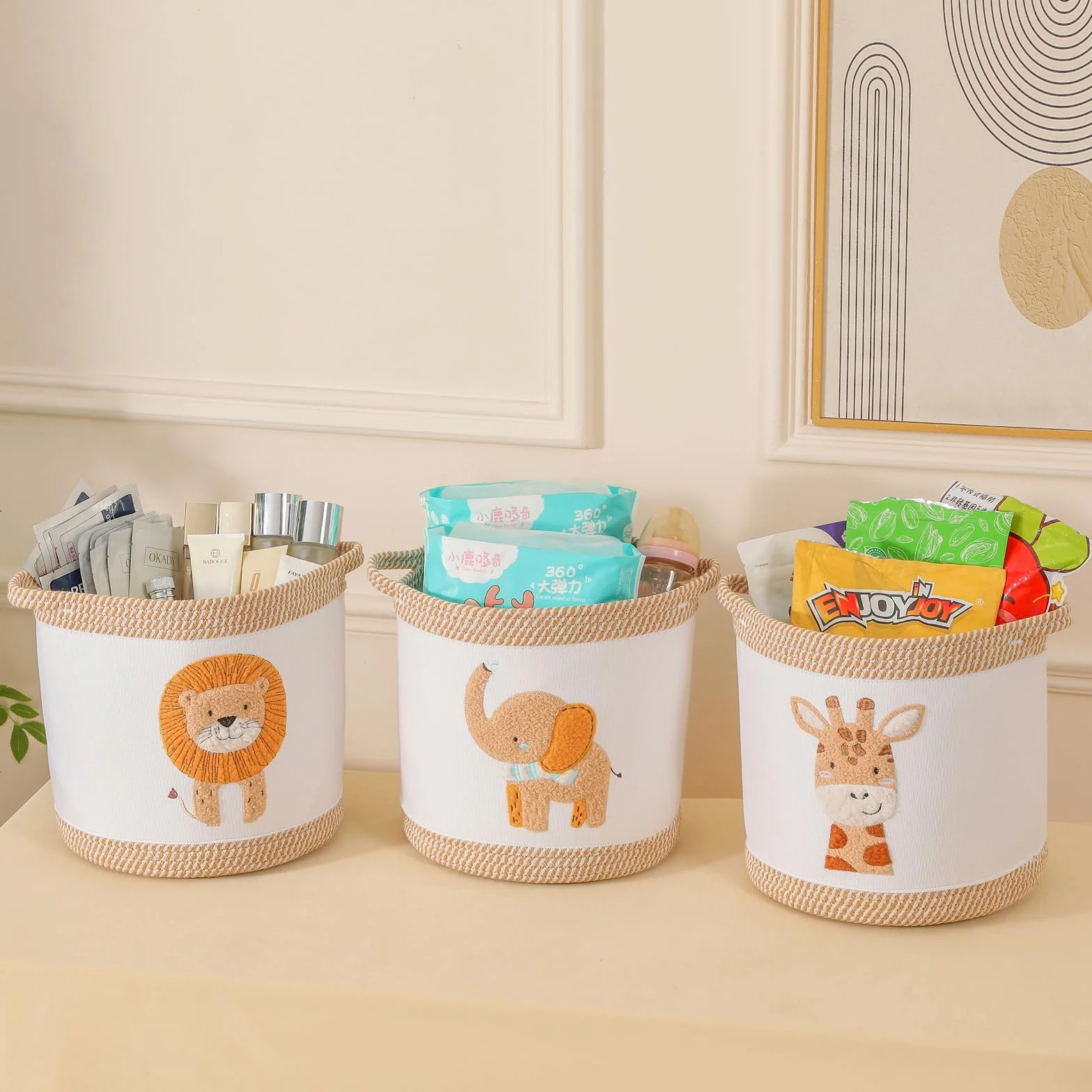 Ceste Portaoggetti Pieghevoli per Bambini Set Giallo Leone Giraffa Elefante