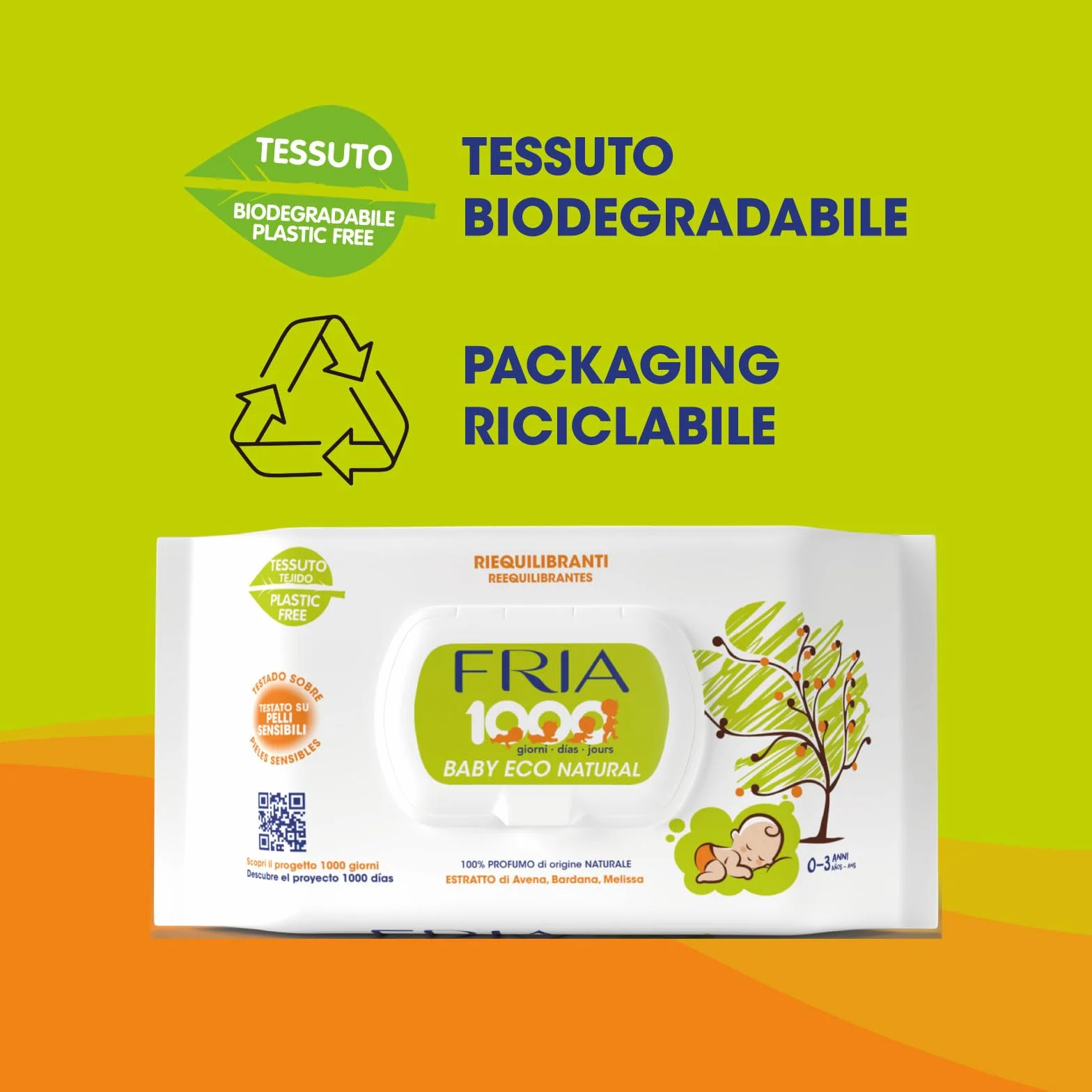 Fria Baby Eco Natural Salviette per Cambio Pannolino 1000 Giorni, Confezione 72 Salviette