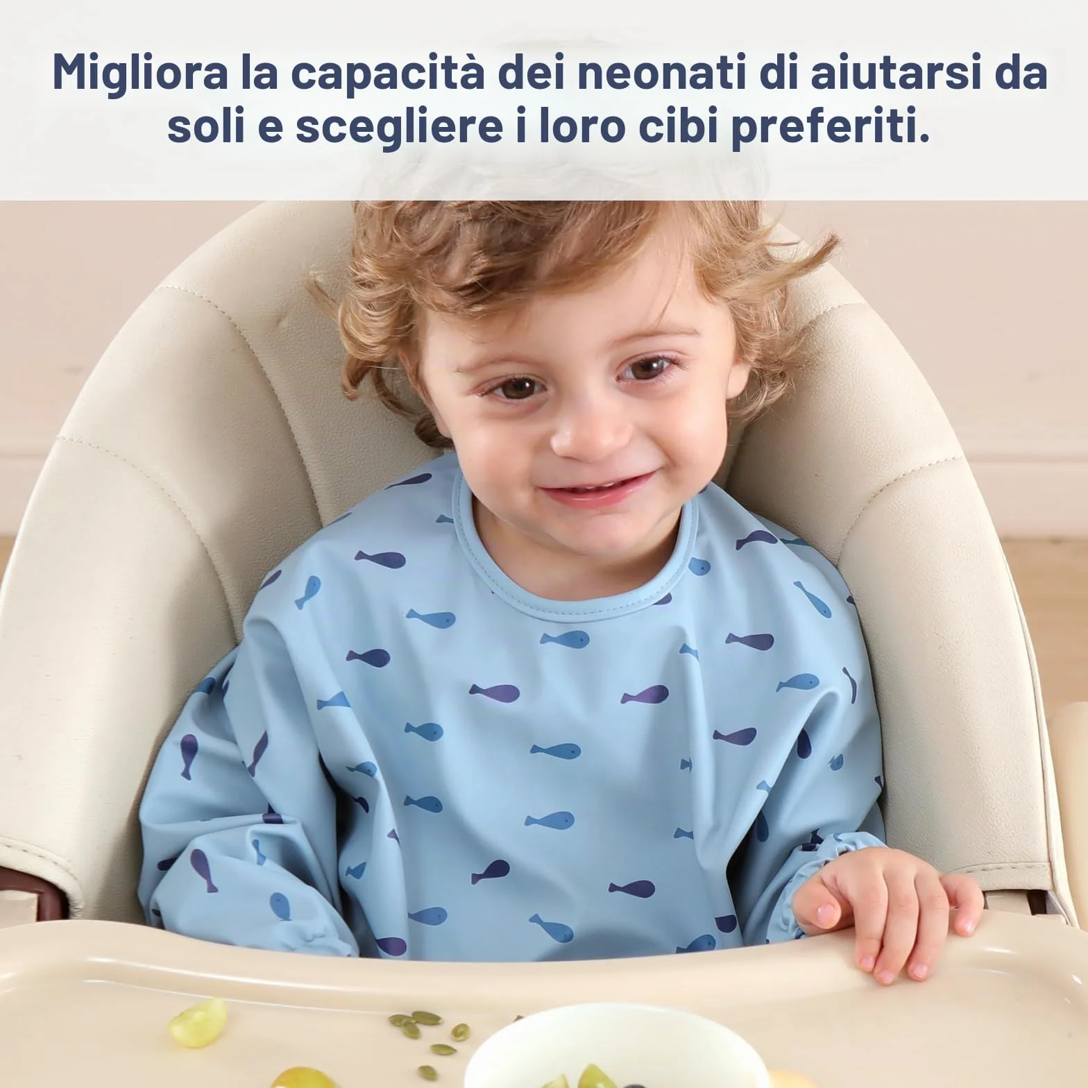 Bavaglino Anti-Mess a Manica Lunga Impermeabile Lavabile in Lavatrice per Svezzamento Bambino 6-24 Mesi