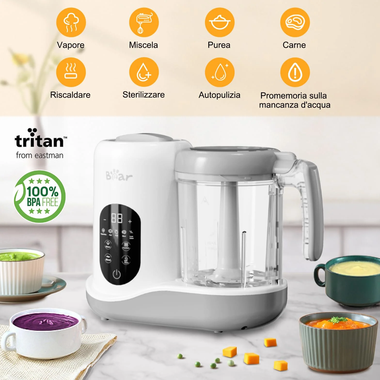 Cuocipappa Multifunzione 7 in 1 per Bebè, Mixer Automatico con Autopulente e Touchscreen