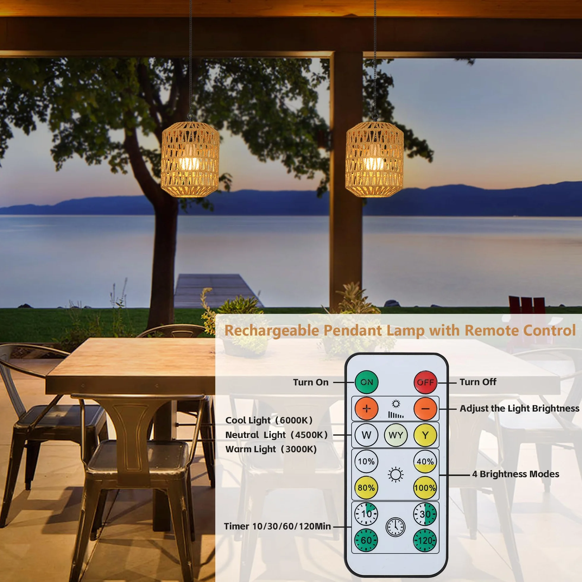 Rayofly 2 Pezzi Lampada a Sospensione Ricaricabile per Interni, Luce a Pendente Boho con Batteria, Lampada Pendente in Rattan senza Attacco Elettrico, Luci da Parco per Esterni con Bulbo e Telecomando