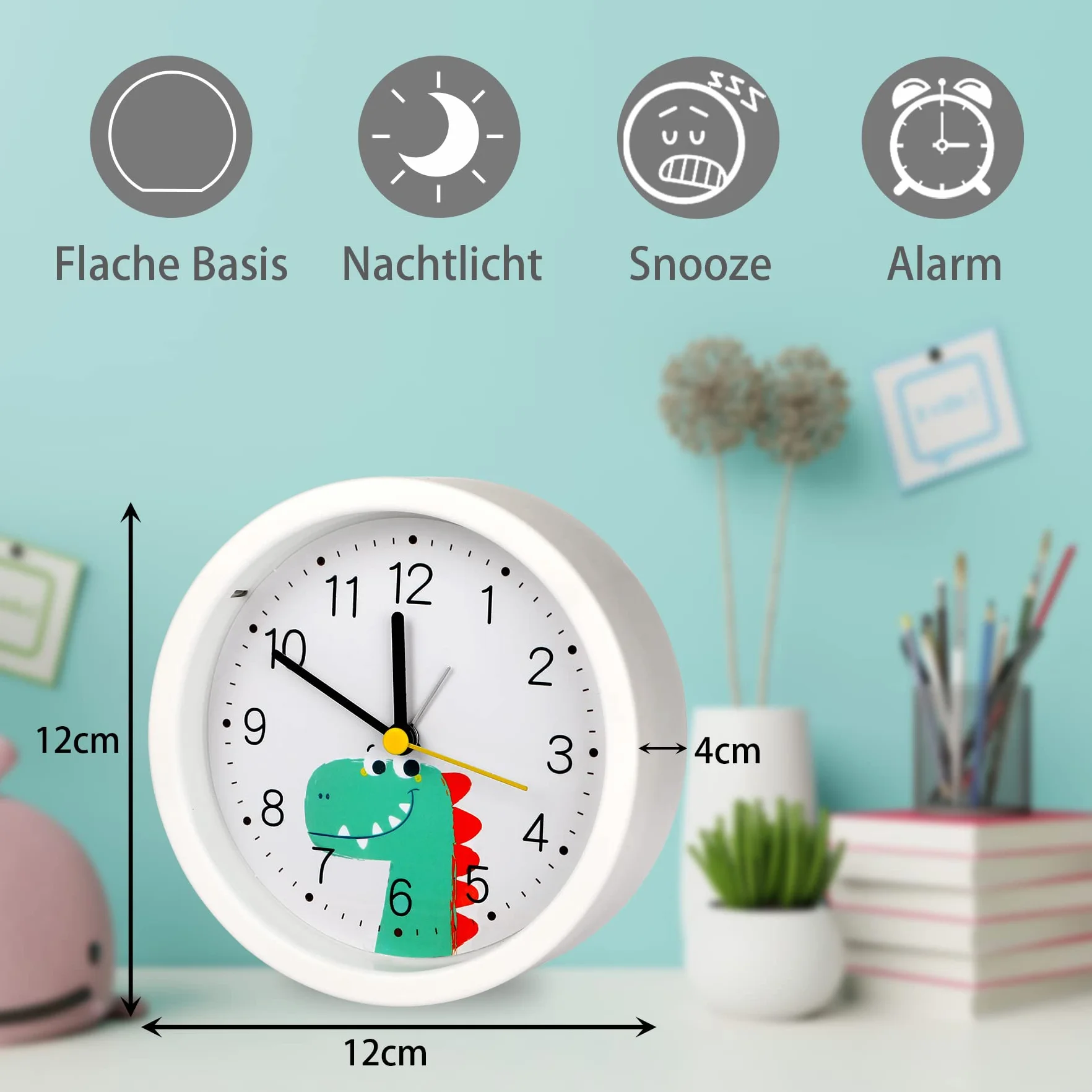 Sveglia per bambini senza ticchettio, silenziosa, con luce notturna, portatile, colore bianco