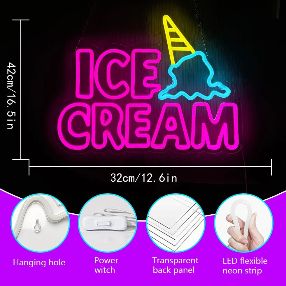 Ice Cream Insegne al Neon Luce Neon a LED Insegne luminose Gelato Alimentata Tramite USB con Interruttore Decorazione di bar, vetrine, negozi, luci al neon