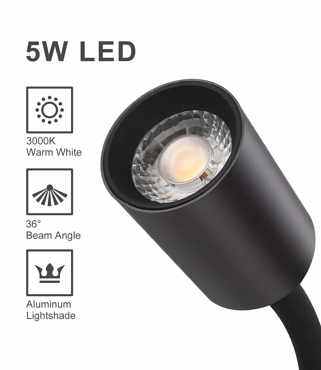 DAWALIGHT Applique da Parete per Lettura 5W LED Luce di Lettura a Collo di Cigno 3000K Bianco caldo Applique da Comodino a Parete per la notte per la Notte Soggiorno Studio, Alluminio, Nero