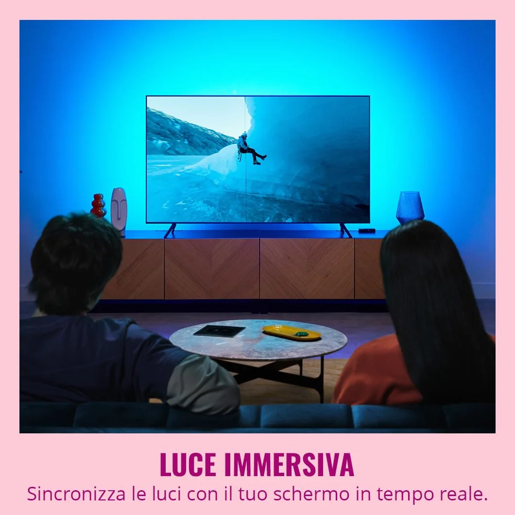 WiZ HDMI Sync Box con retroilluminazione TV, sincronizza la luce con film, giochi e musica, HDMI 2.0, Striscia LED RGBIC per TV da 75-85 pollici, controllo con App, compatibile con Google e Alexa