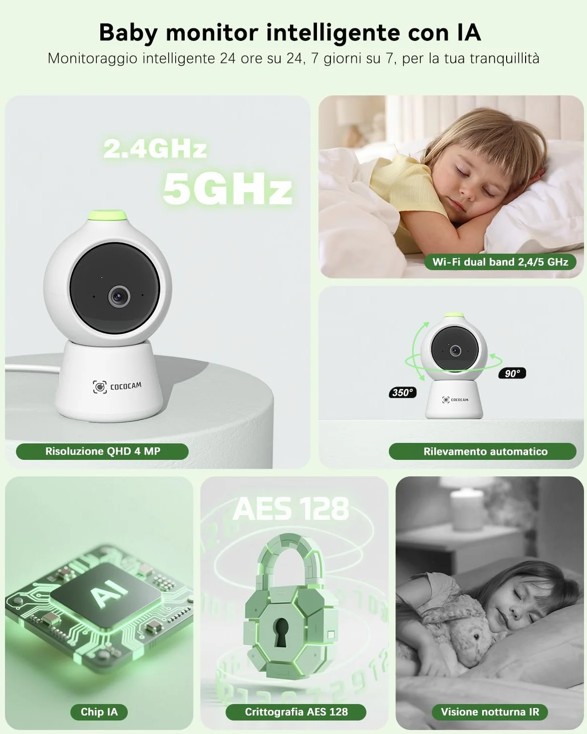 COCOCAM 2K 4MP AI Baby Monitor con 5" LCD, 2,4G/5GHz WiFi, Rilevamento Volto Coperto, Tracciamento Automatico