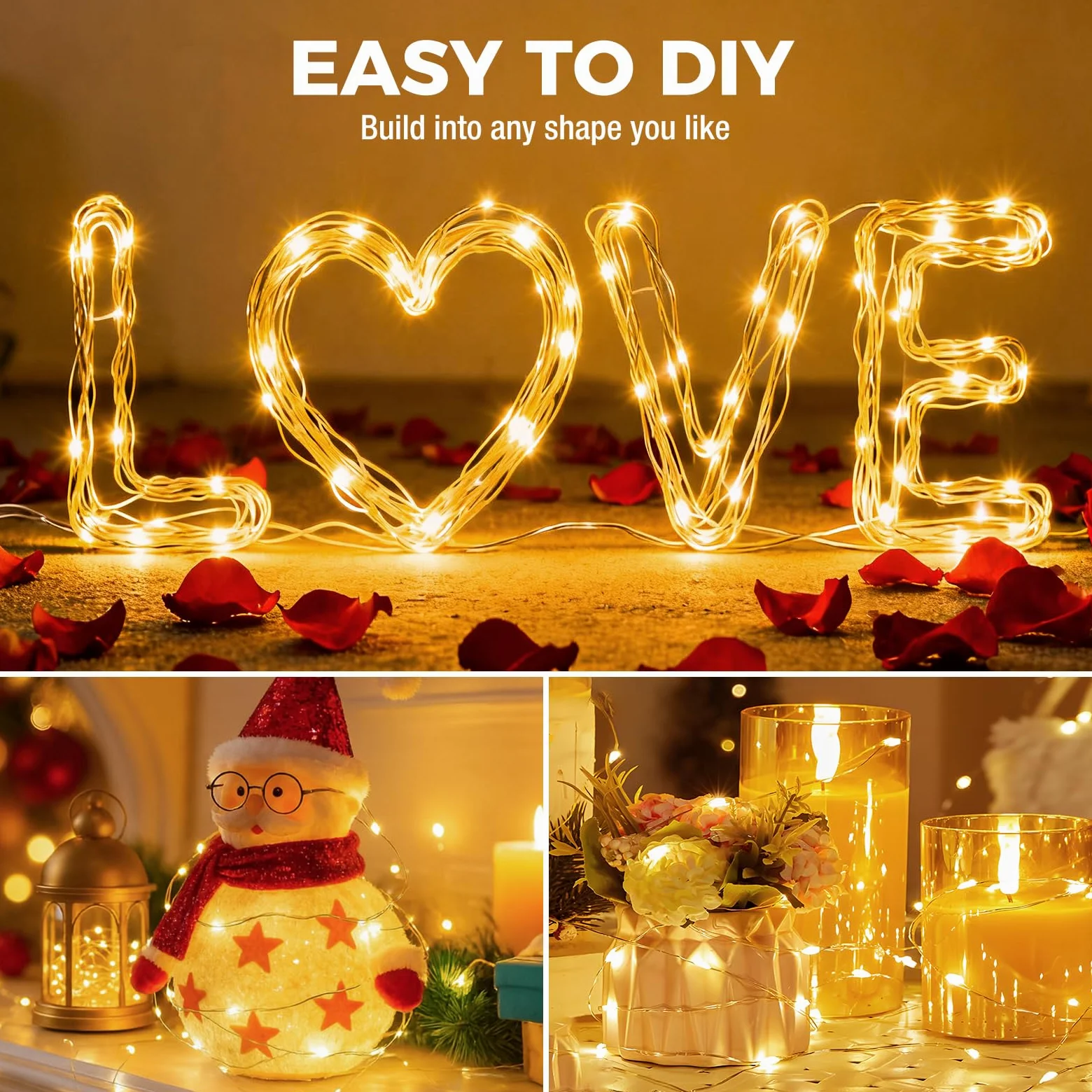 litogo Confezione da 50 lucine LED a batteria, 2,2 m, 20 LED, 3 modalità, mini lucine scintillanti, impermeabili, per matrimoni, barattoli, feste, decorazioni natalizie, bianco caldo