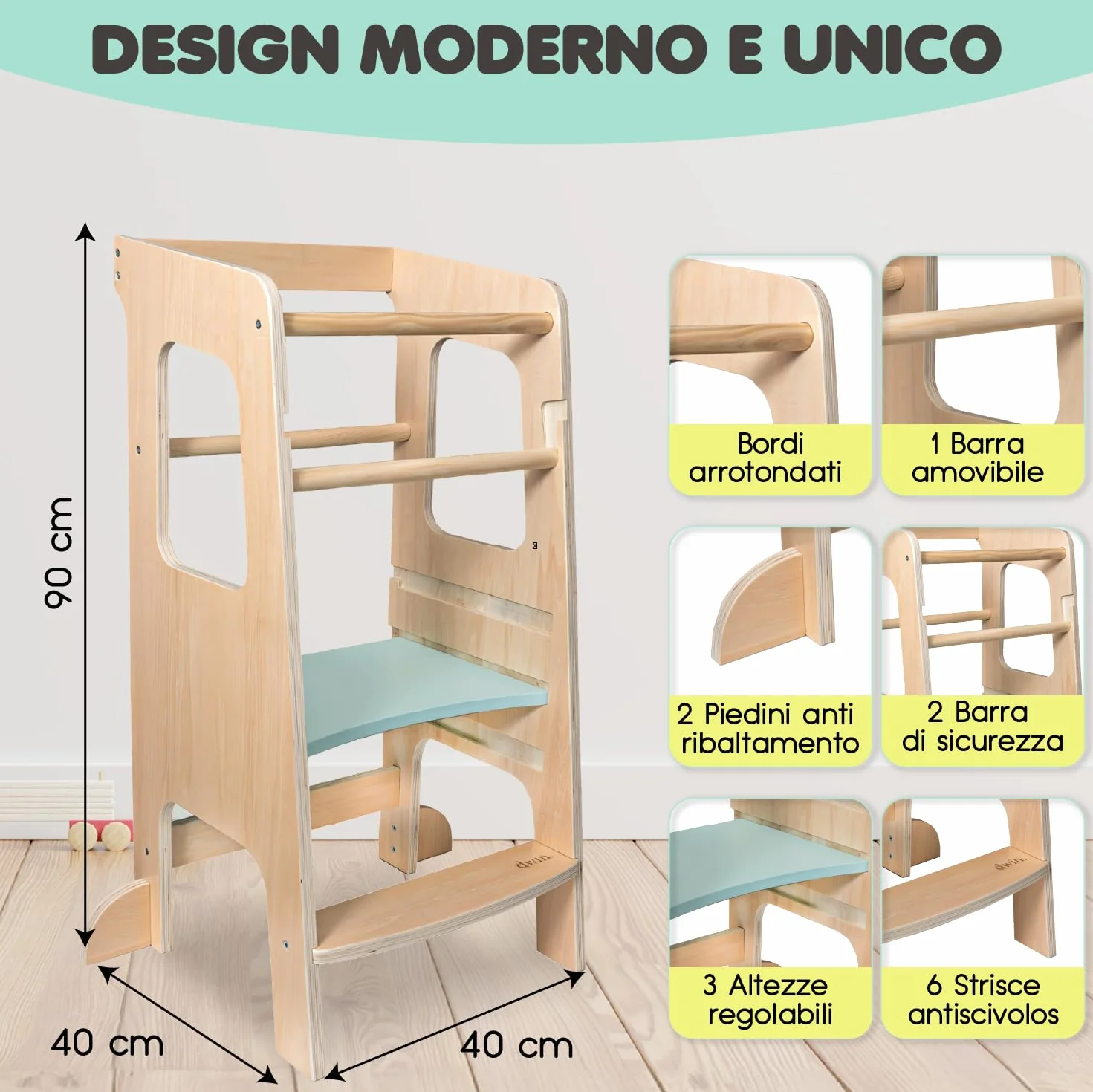 Torre Montessoriana bambini legno naturale 3 livelli Antiscivolo Anti ribaltamento Doppia barra sicurezza CE