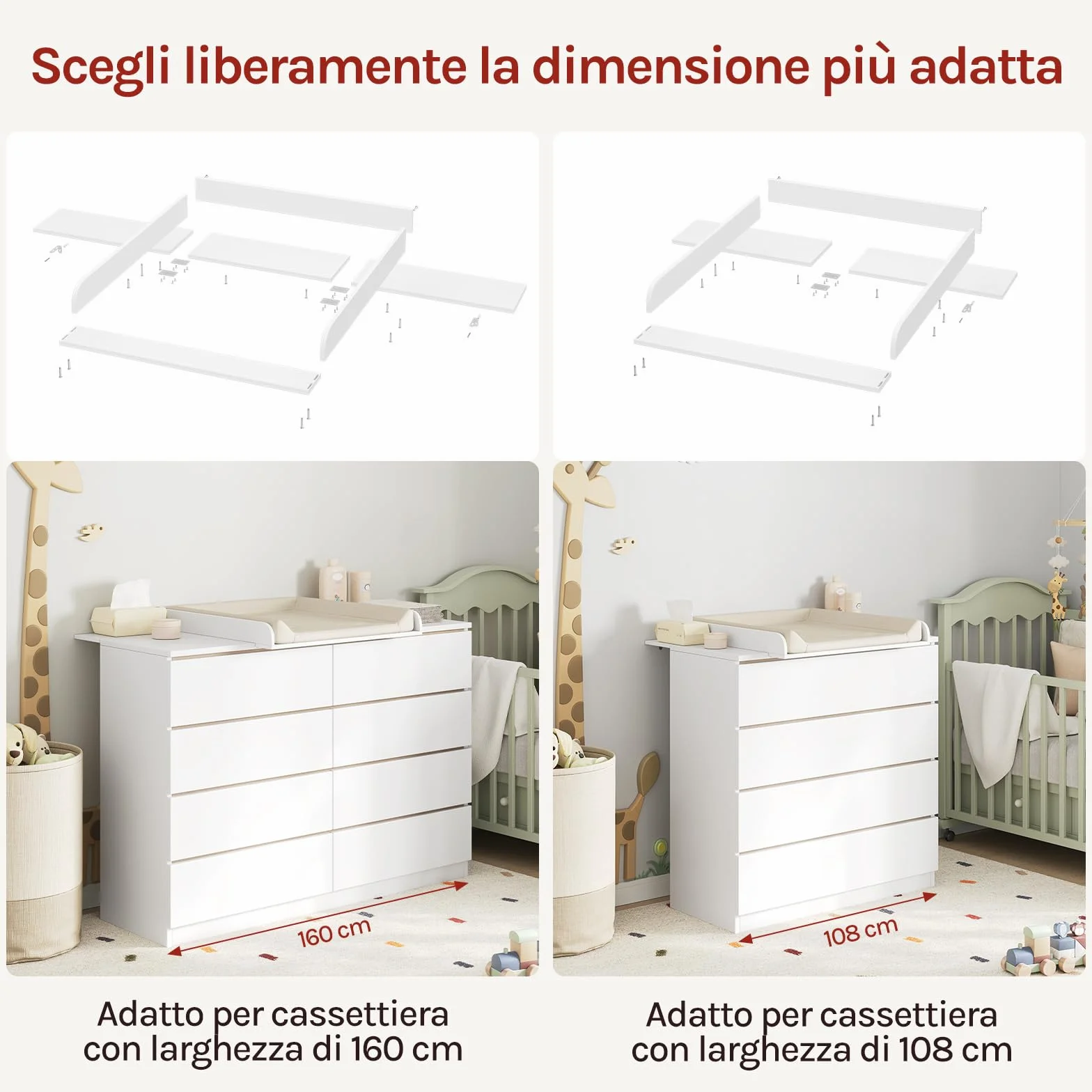 WOLTU Fasciatoio Neonato Universale per Cassettiera 3 Bordi Rialzati Profondità Regolabile 47-50 cm MDF 160x80x10 cm
