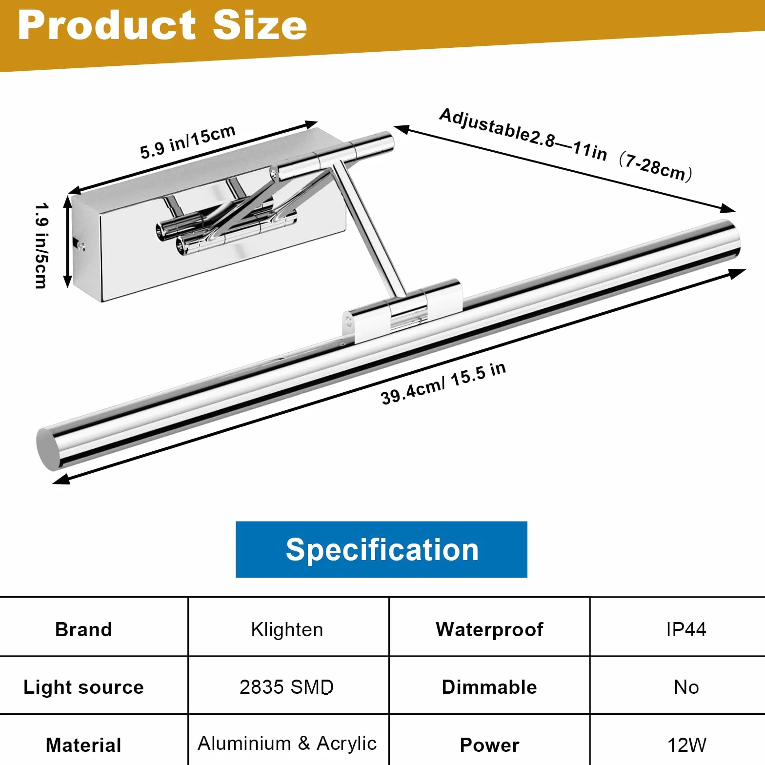 Klighten Led Lampada Da Specchio Bagno 40cm,Lampada Da Parete Rotante Per Bagno Ip44,12W 970 LM Luce Specchio Bagno Led,Applique Bagno Specchio Moderno In Alluminio,Bianco naturale 4000K, Cromo