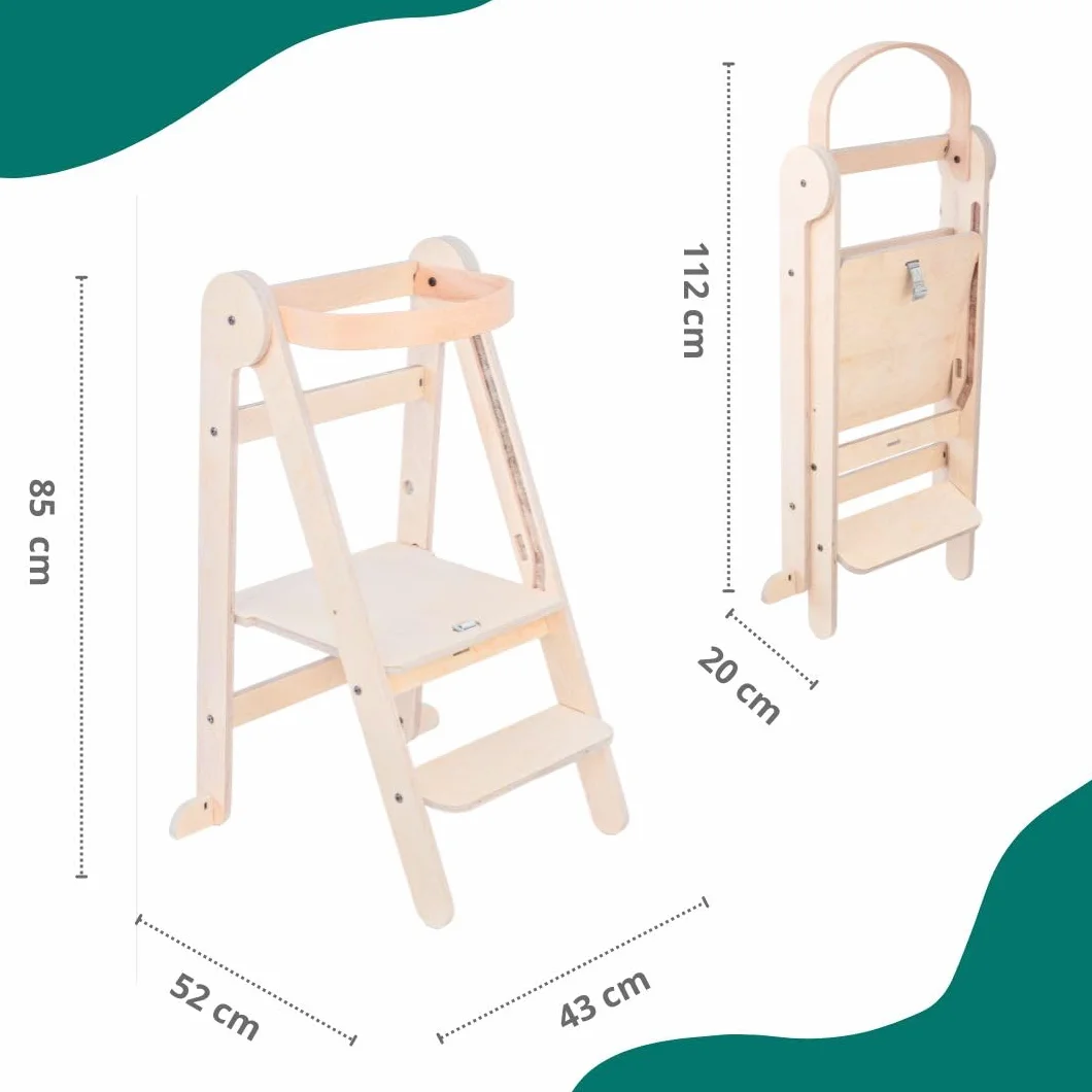 Mamatoyz 08FNAT Torre Montessoriana di Apprendimento Pieghevole Multiuso in Legno Naturale di Betulla con 2 Altezze Regolabili
