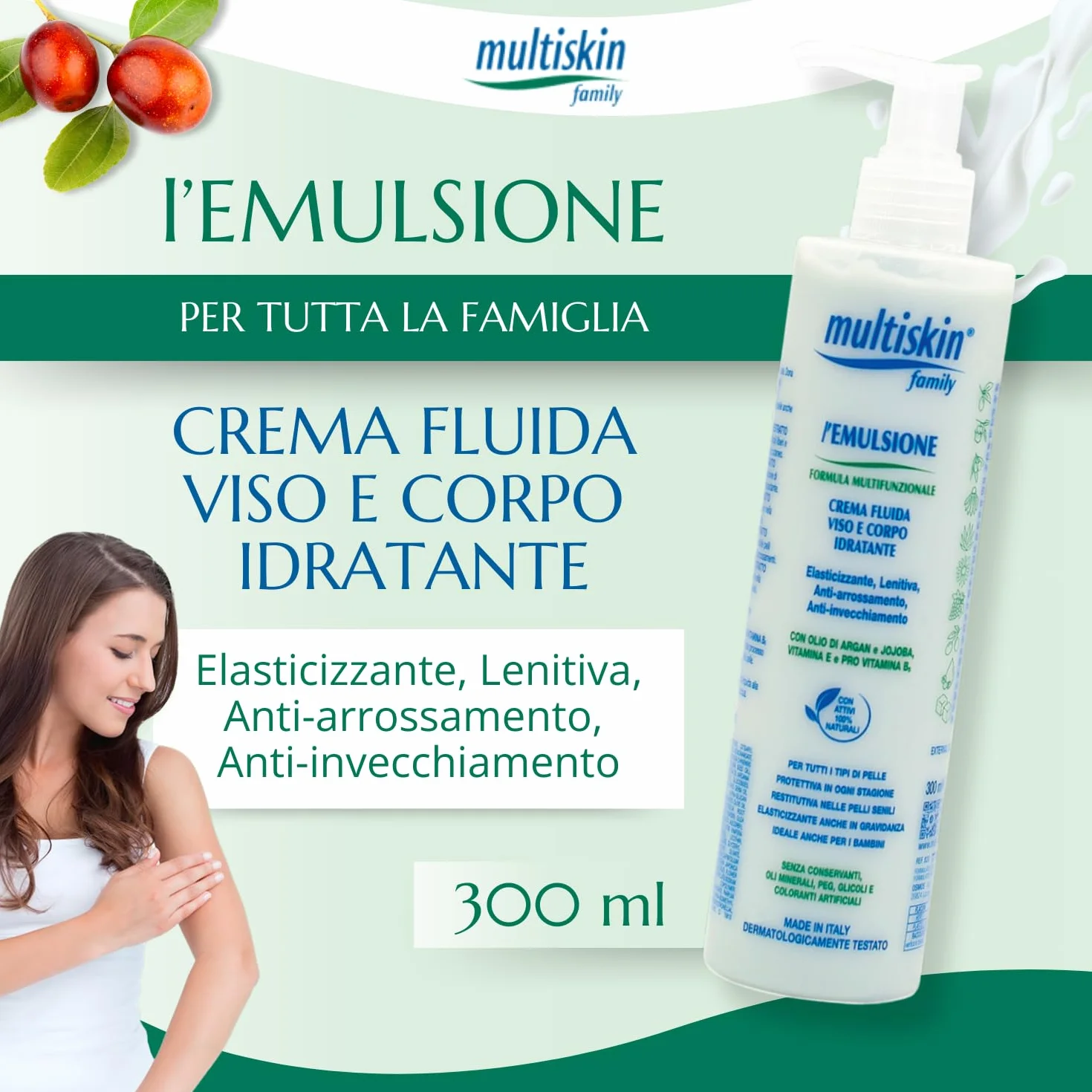 Emulsione Multifunzionale Viso e Corpo Crema Fluida Idratante Protettiva Lenitiva Olio di Argan e Jojoba 300 ml