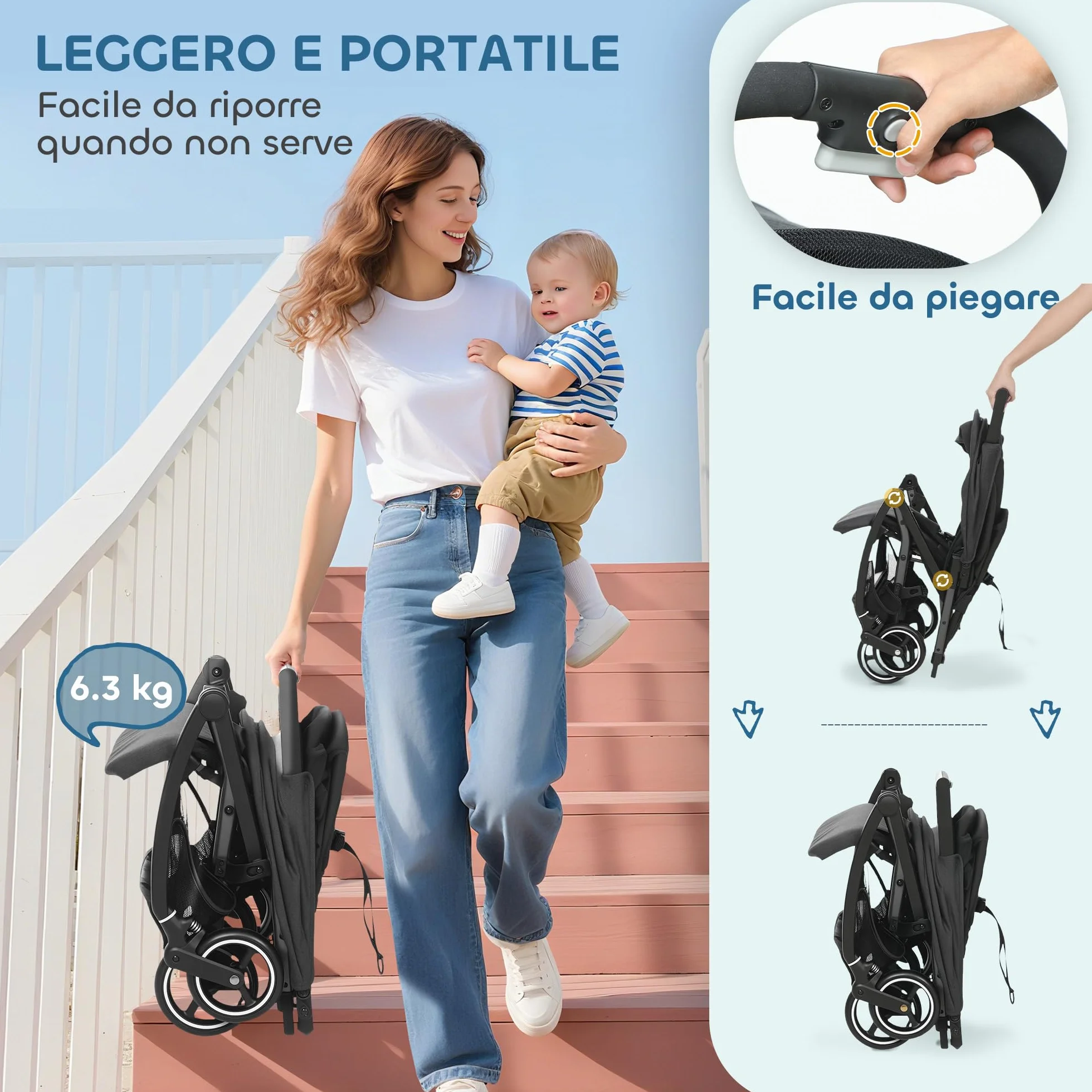 AIYAPLAY Passeggino Leggero Pieghevole 6,3kg per Bambini 0-3 Anni, Fino a 15 kg, Grigio