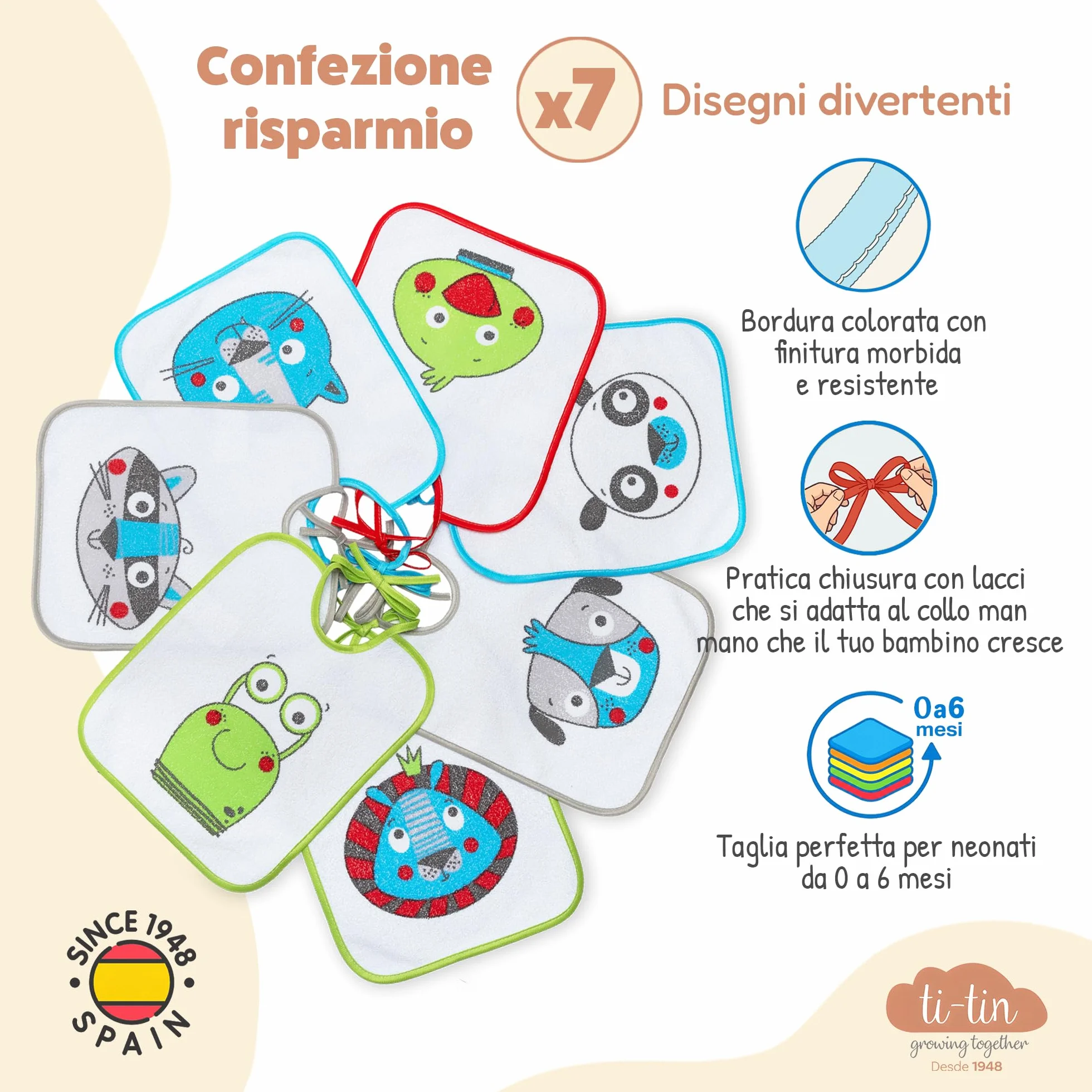 Bavaglini Impermeabili 73% Cotone 27% Poliestere Confezione da 7 23x27 cm per Bambini 6-18 Mesi