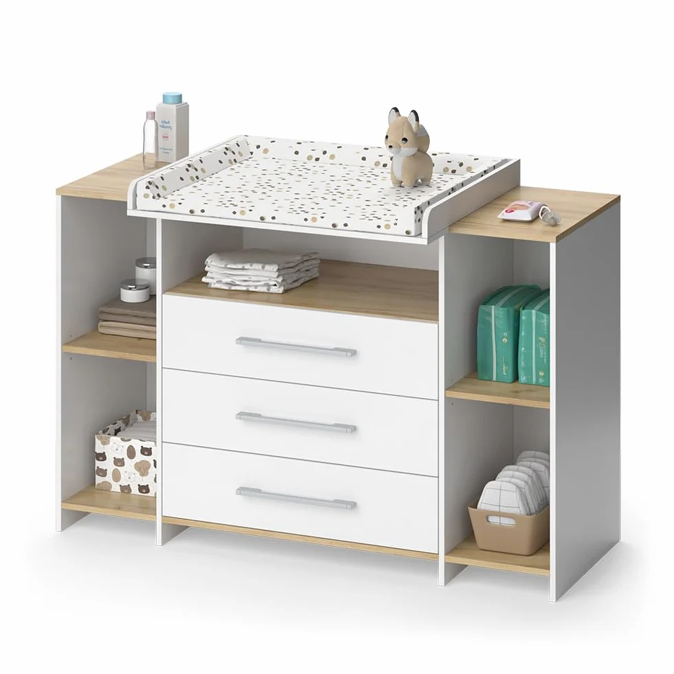 Vicco Fasciatoio Oskar, Rovere bianco/dorato, 143.2 x 93 cm, 3 cassetti, area di appoggio estensibile