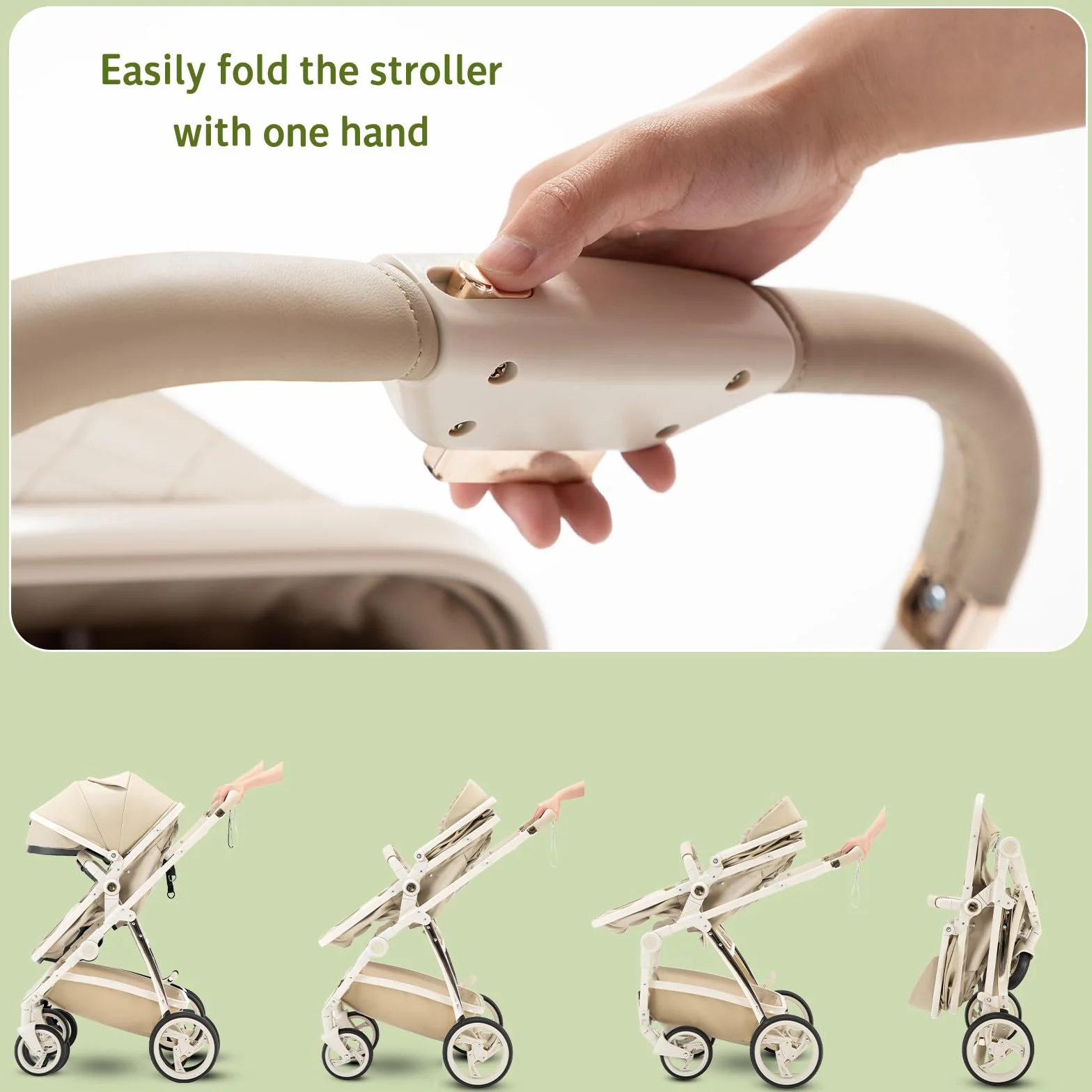 Pelle Passeggino 3 in 1 Sistema di Viaggio con Seggiolino Auto Telaio Alluminio Carrozzina Città Pieghevole per Bambini 0-4 Anni Cachi