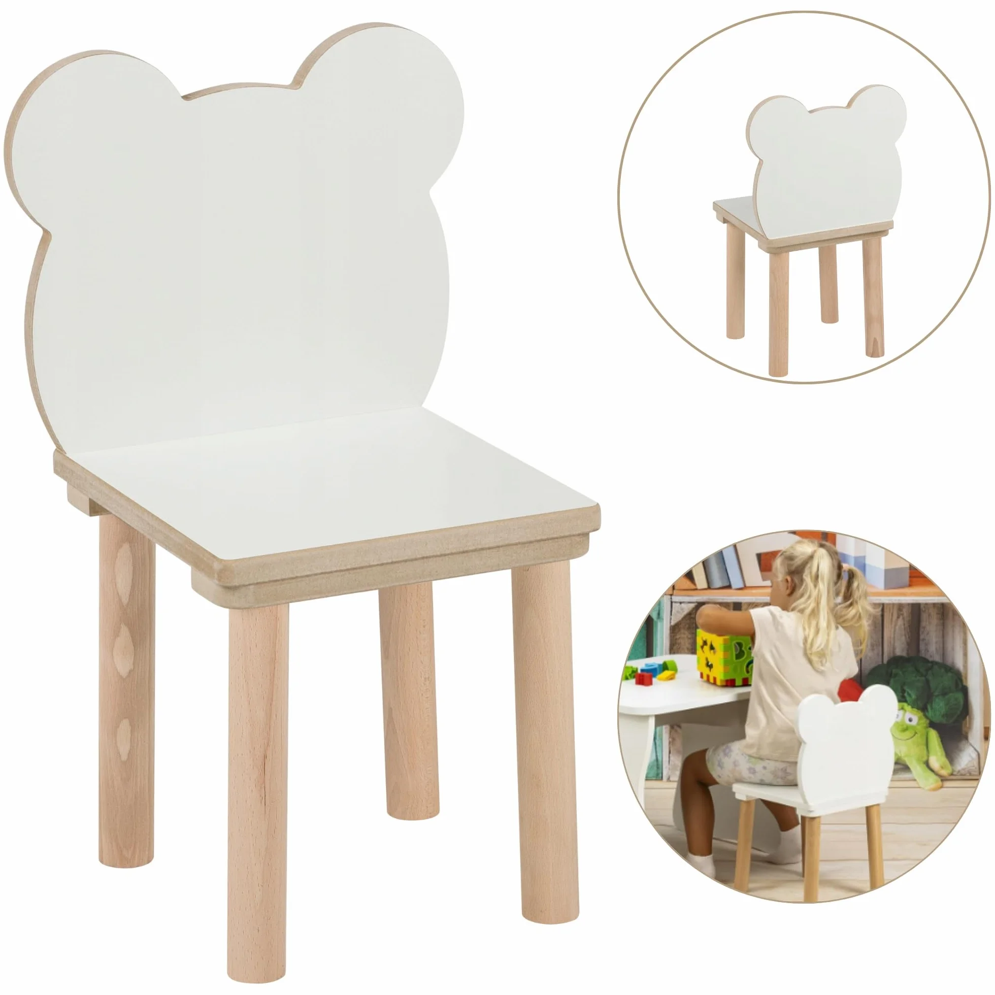 Set tavolo per bambini + 2 sedie orso 70×50×47 cm MDF legno naturale bordi arrotondati stabile 3-7 anni
