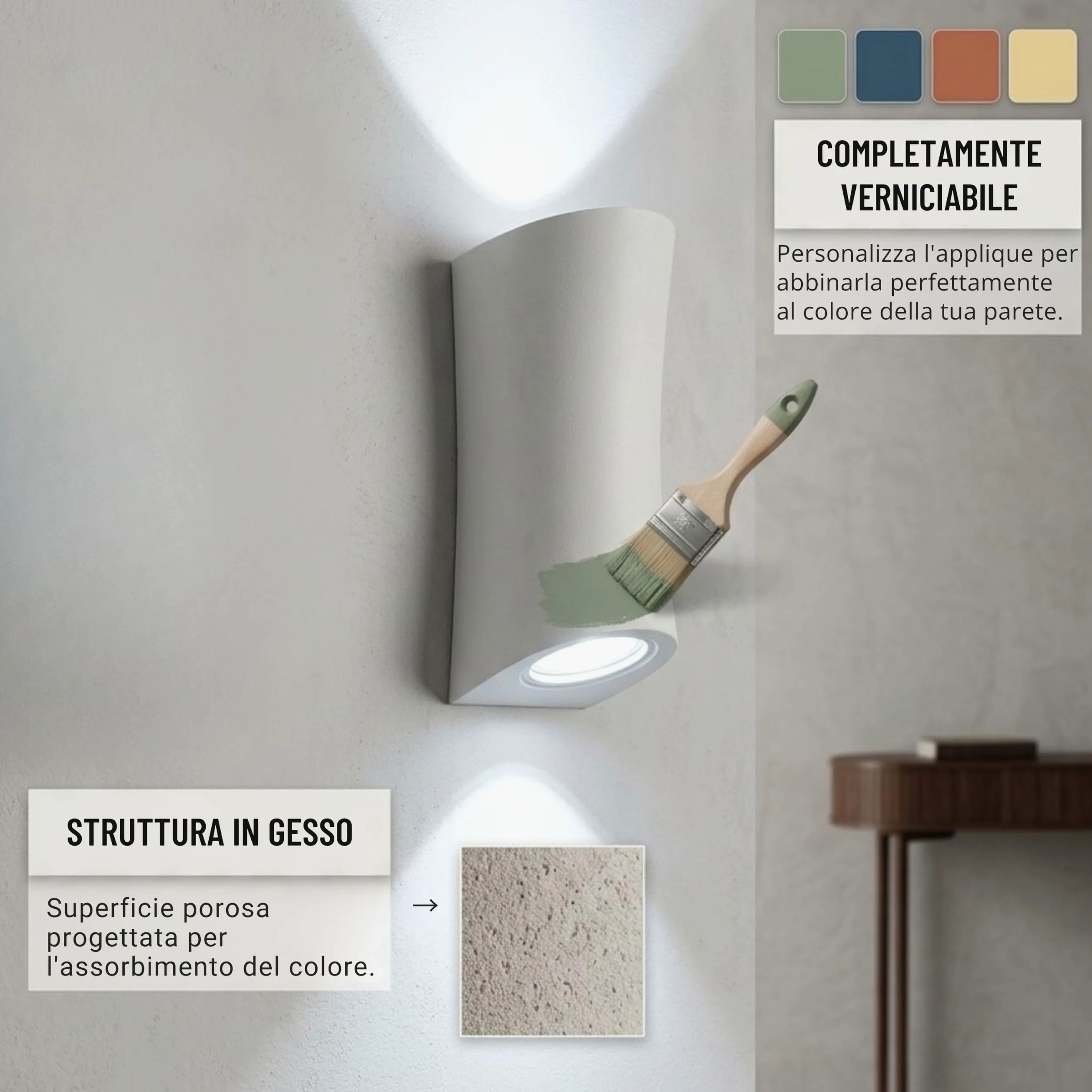 YASTA 4 Pezzi Applique da Parete per Interno Gesso Bianco Verniciabile | Effetto di luce diffusa sopra e sotto, Doppio attacco per faretto LED GU10 (NON INCLUSI), Design moderno, Lampada pitturabile