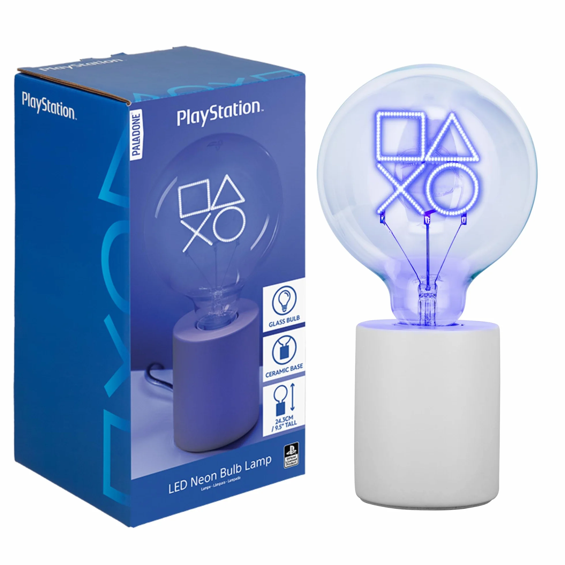 Paladone, Lampada con lampadina neon a LED decorativa con simboli PlayStation, con lampadina in vetro E27, regalo giocatore Sony con licenza ufficiale, per decorare camere da letto, case, sala giochi