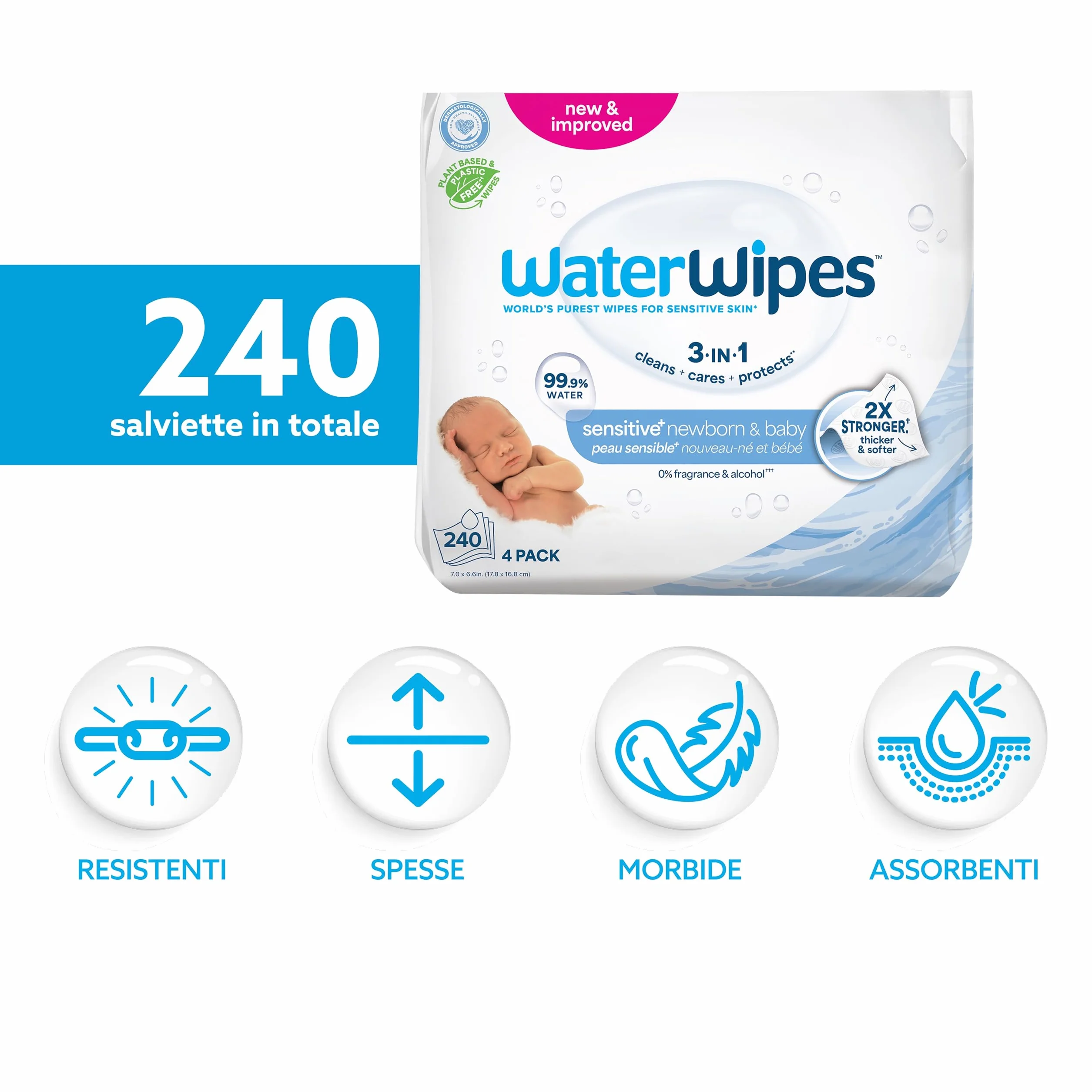 WaterWipes Salviettine Neonati 240 Pezzi 4 Confezioni 99,9% Acqua Senza Profumo