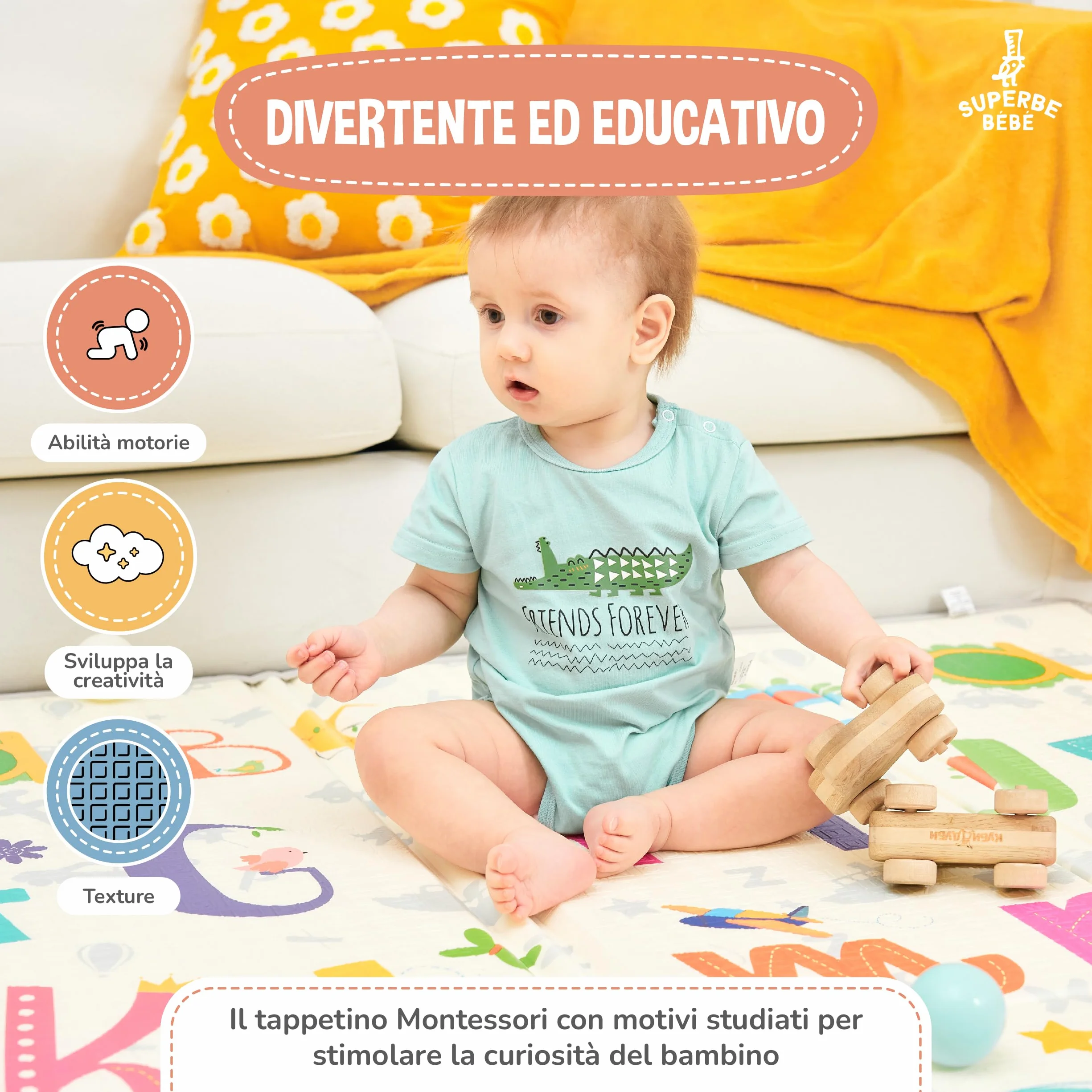Mat Play Mat Pieghevole 180x200x1.5cm Neonato Montessori Reversibile Impermeabile