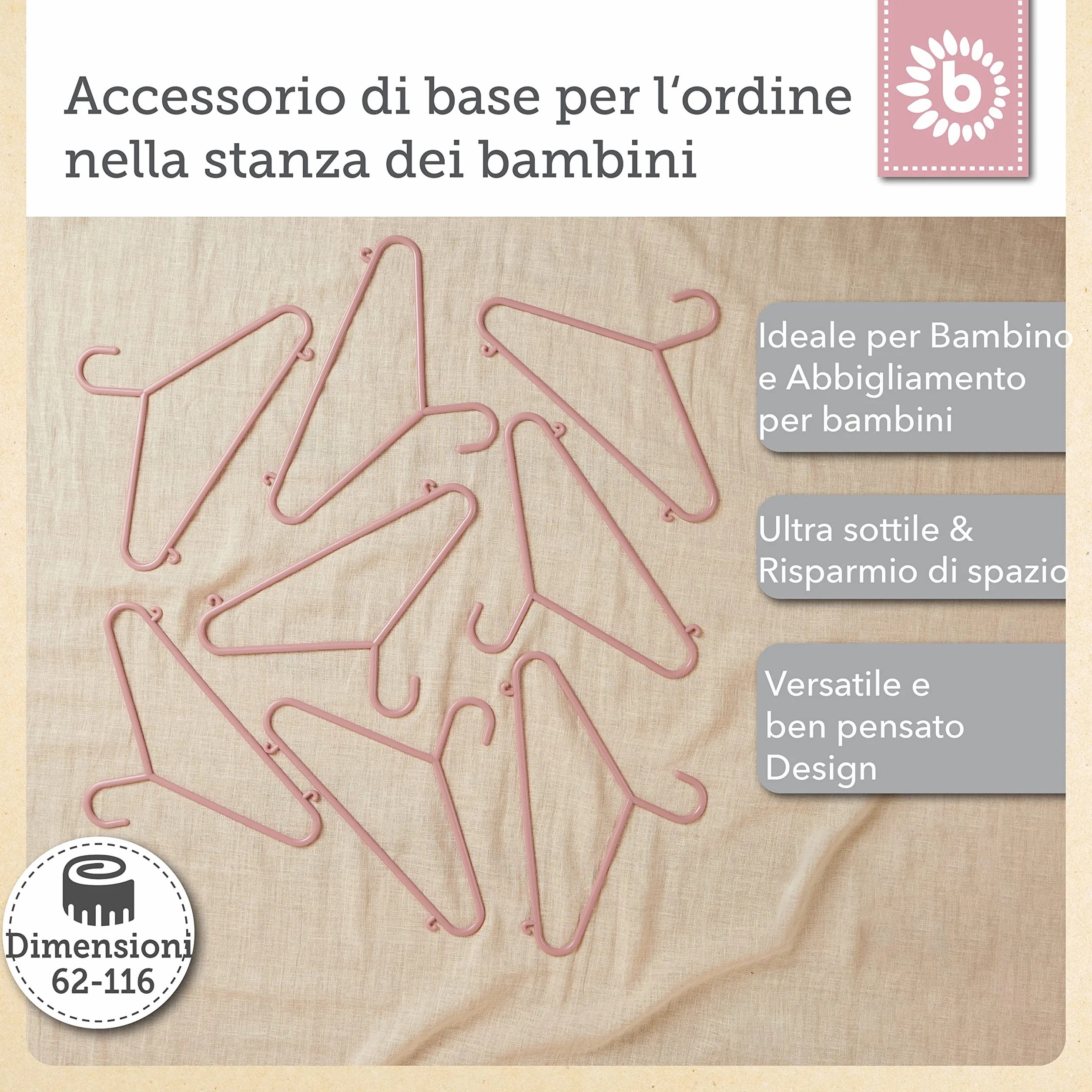 Bieco Set di 8 Grucce Appendiabiti per Bambini, 29,5x18x4,7 cm, Rosa Antico