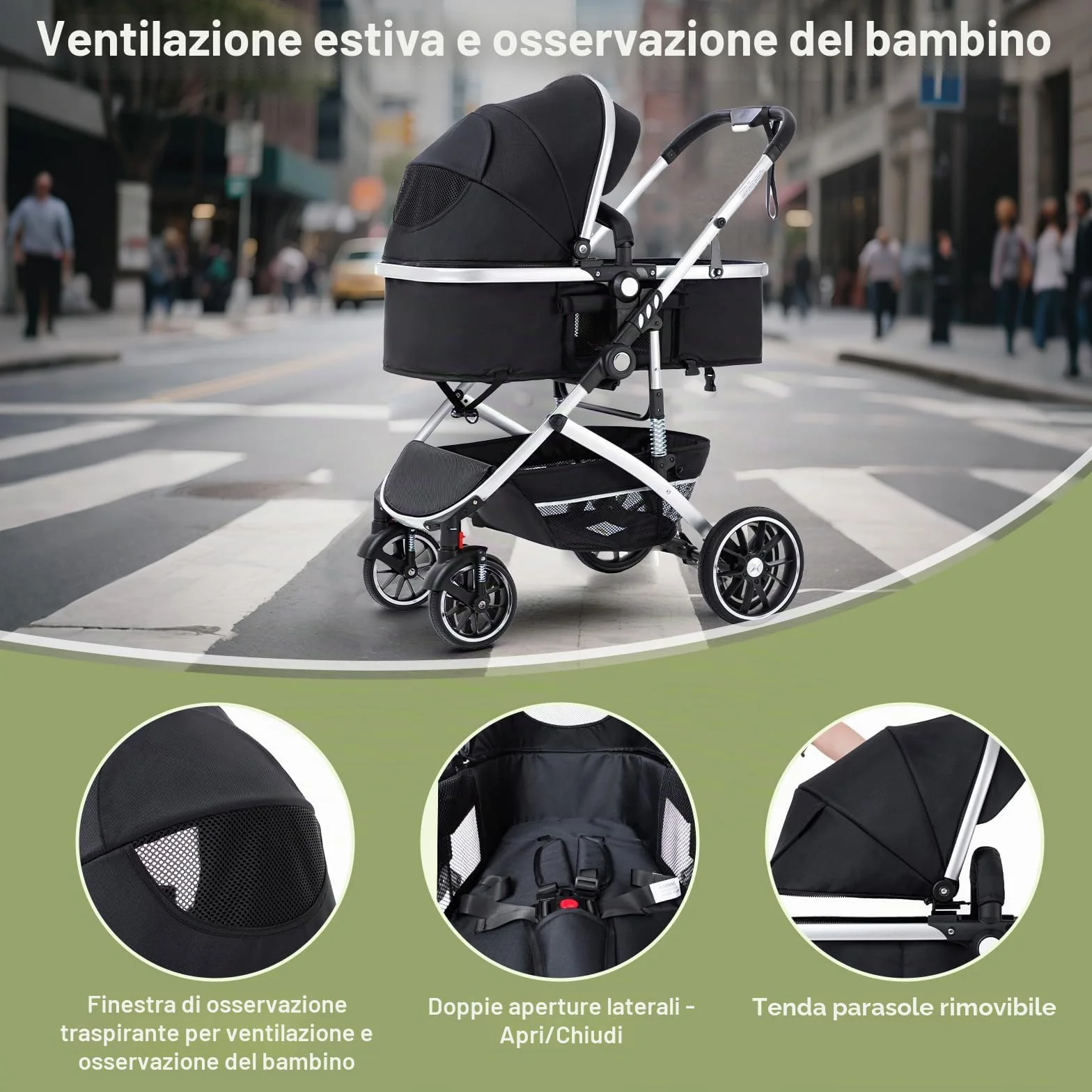 Passeggino 3 in 1 con seggiolino auto pieghevole telaio alluminio per neonati 0-4 anni