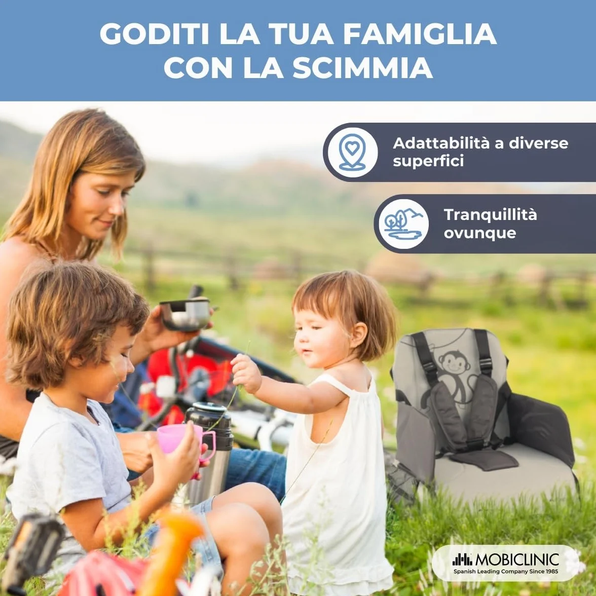 Mobiclinic Seggiolino Portatile Bambini Pieghevole Monkey 6-36 Mesi 15kg Grigio