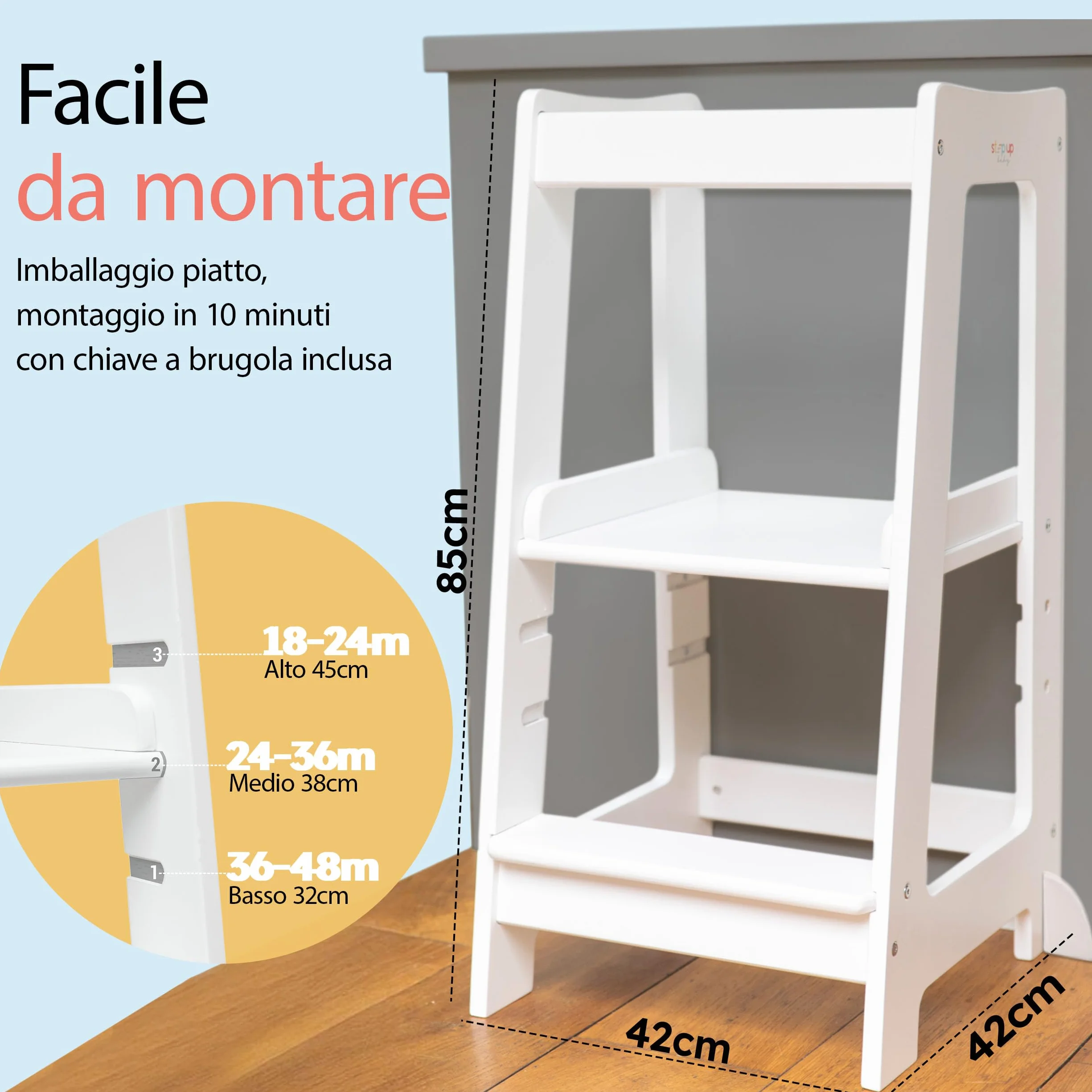 Stepup Baby Torre Montessoriana 3 Altezze Regolabili Torre di Apprendimento Ringhiera Sicurezza Bianco